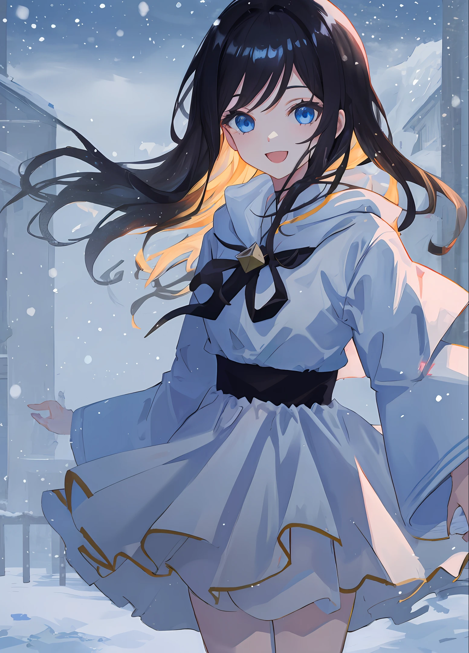 Girl, female, bright black hair, huge smile, white clothes, bright hair, blue eyes, bright eyes, portrait, cloud background, snowing, standing, falling snow, 4 k, 8 k, anime style, anime