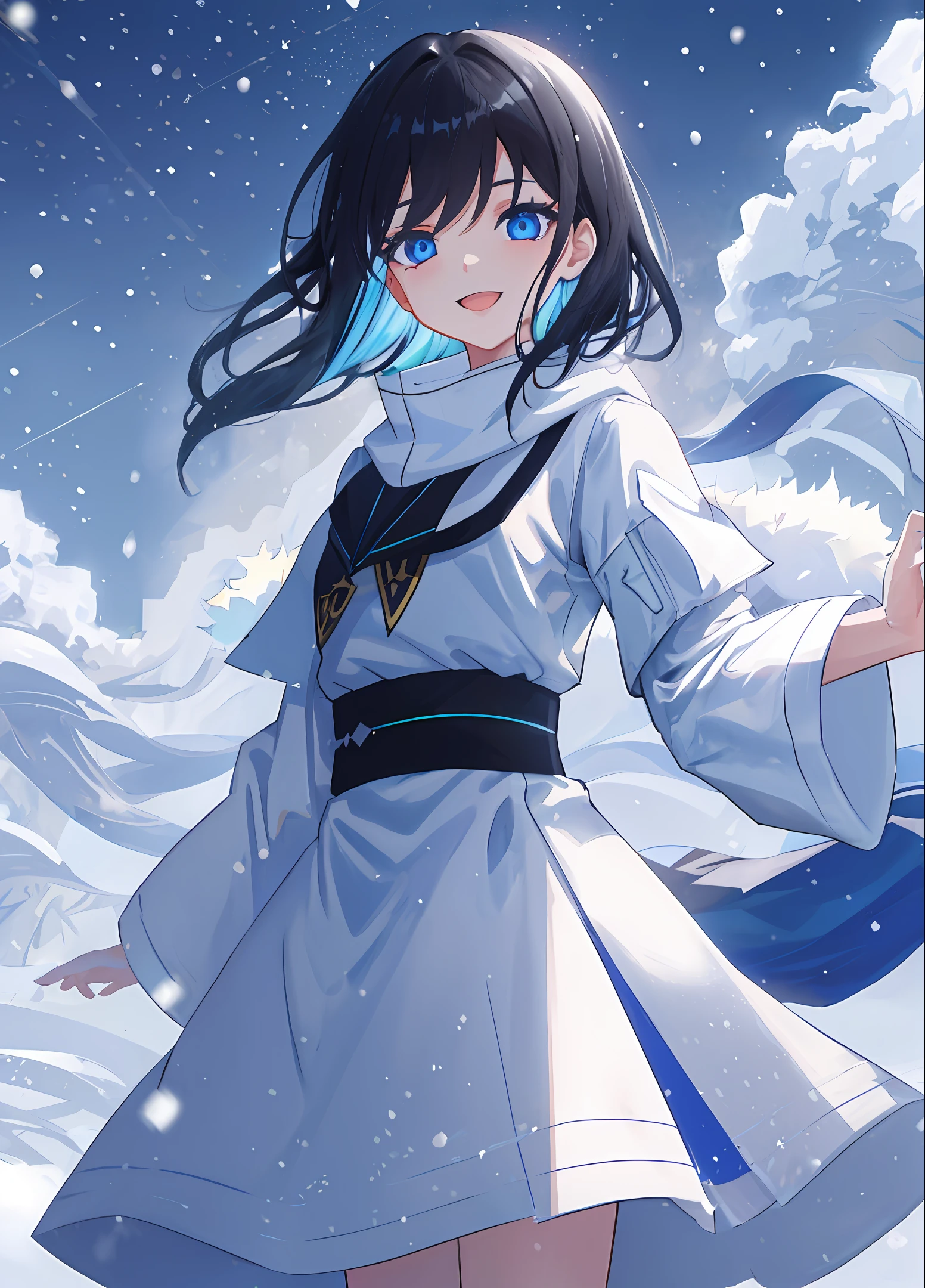 Girl, female, bright black hair, huge smile, white clothes, bright hair, blue eyes, bright eyes, portrait, cloud background, snowing, standing, falling snow, 4 k, 8 k, anime style, anime