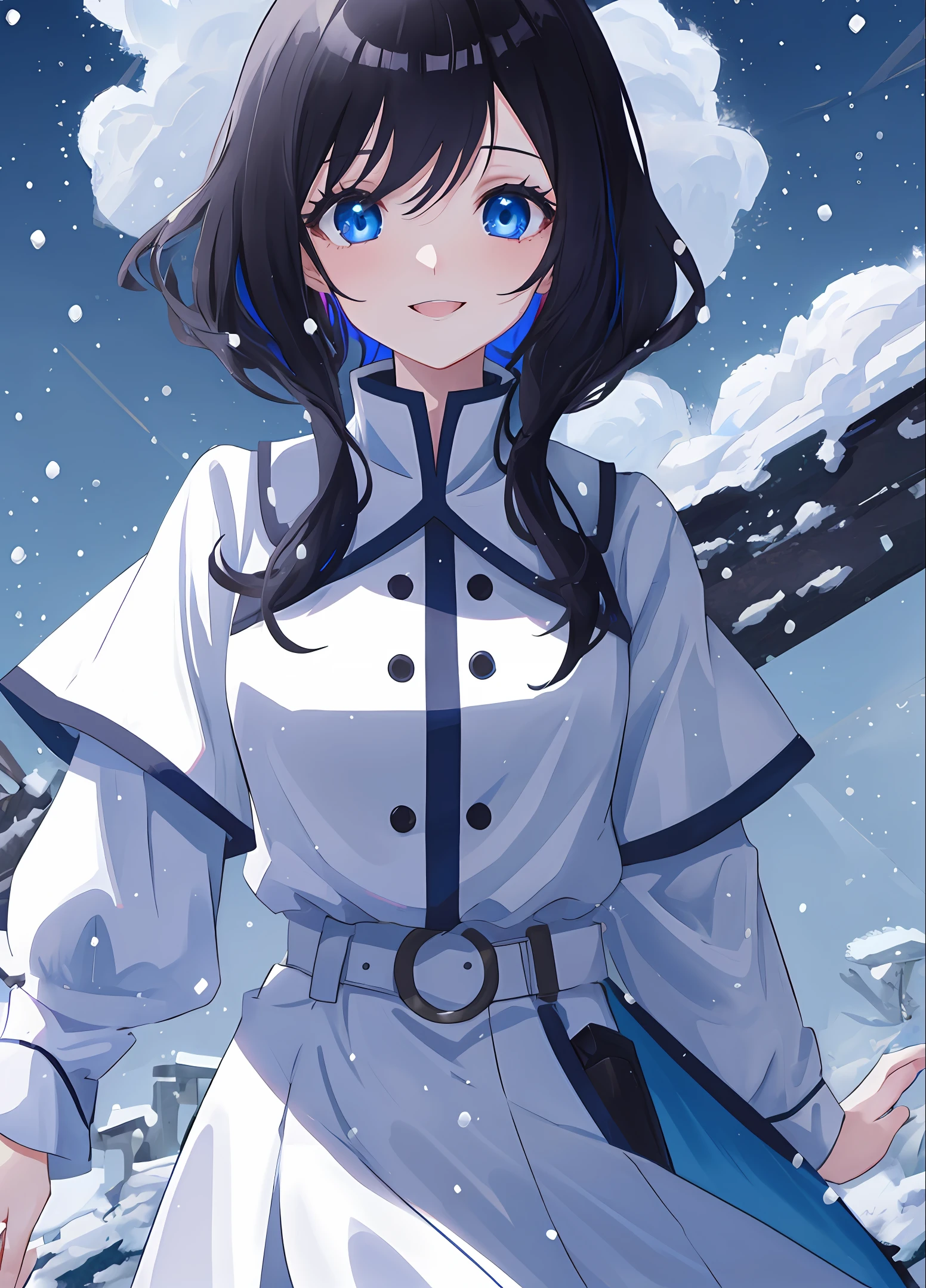 Girl, female, bright black hair, huge smile, white clothes, bright hair, blue eyes, bright eyes, portrait, cloud background, snowing, standing, falling snow, 4 k, 8 k, anime style, anime