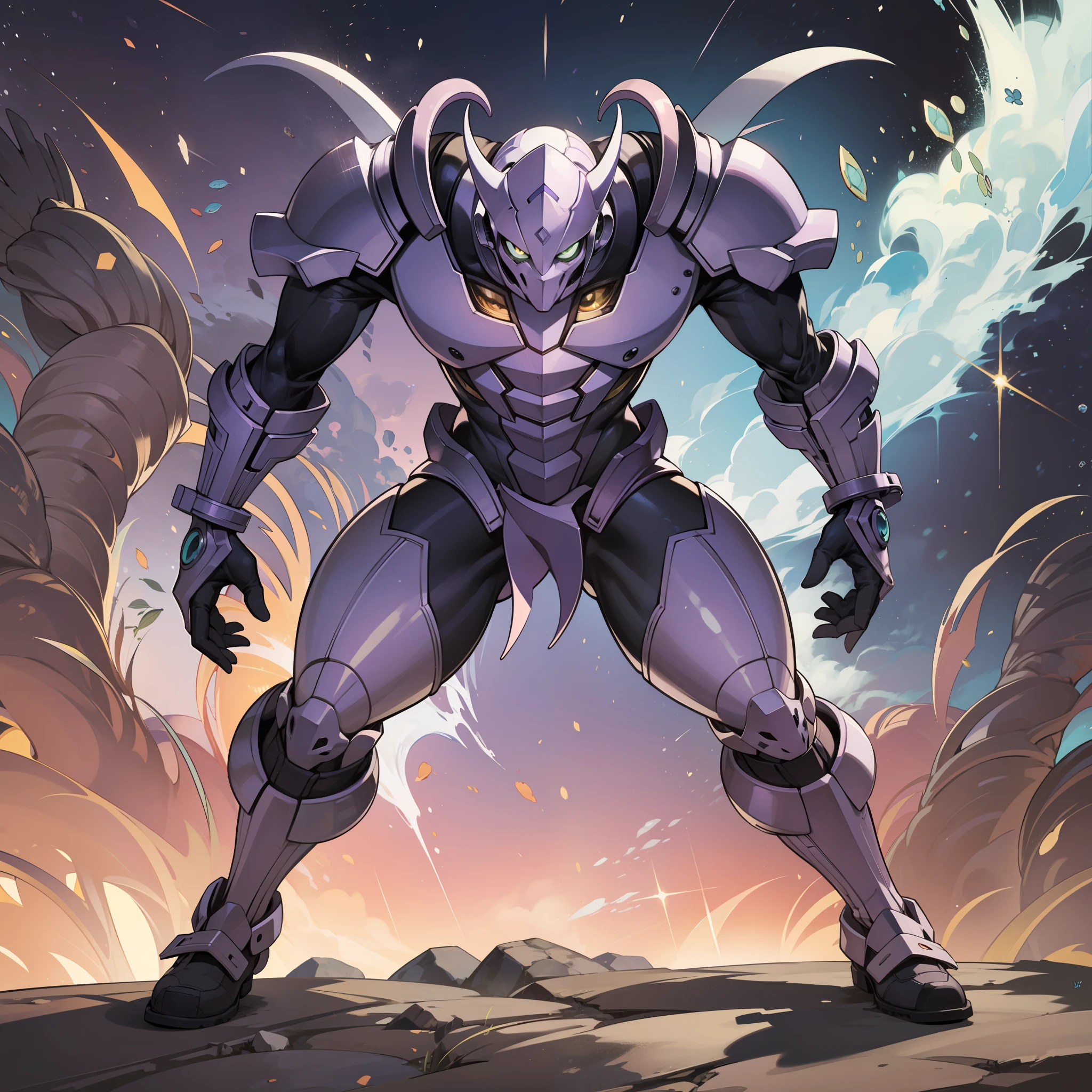 Unusually developed muscular body of white and purple, cartoon alien with tentacle body from arms, beetle shell, cel shade, guyver style, full body, full face mask