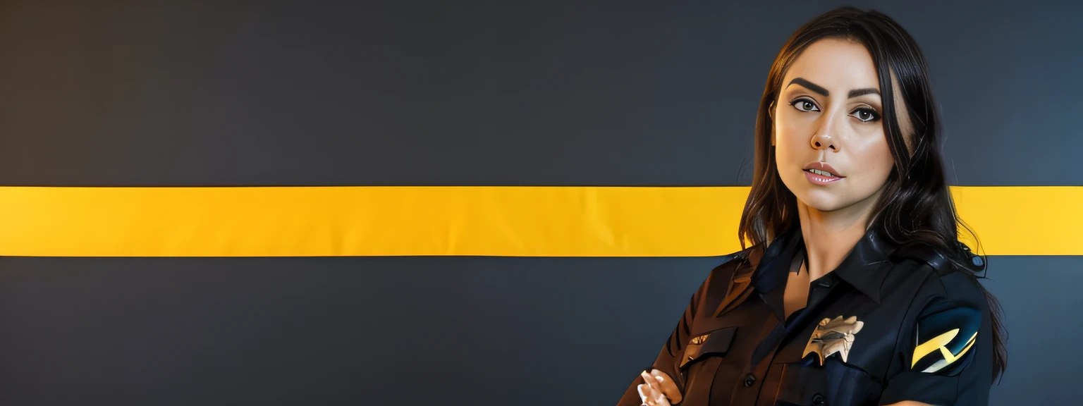 arafed image of a woman with a black shirt and yellow stripe, banner, website banner, header, promo image, tessgarman, portrait shot, in the background, stacked image, background, officer, closeup portrait shot, smooth in _ the background, on a dark background, close portrait, clean background, official photo, header text”, image --auto