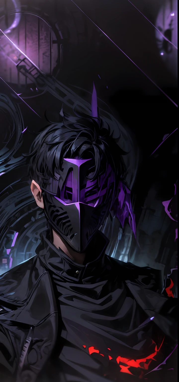 A young man with short black hair with a mask covering his entire face, on the mask there is a purple L, ( ( mask ) ), mask vega, light face [[purple]] [mask], mask without sharpness, unknown art style, anime style. 8k, visor, mask is complete, dark background, shadow world background, purple, purple L, man, short hair,