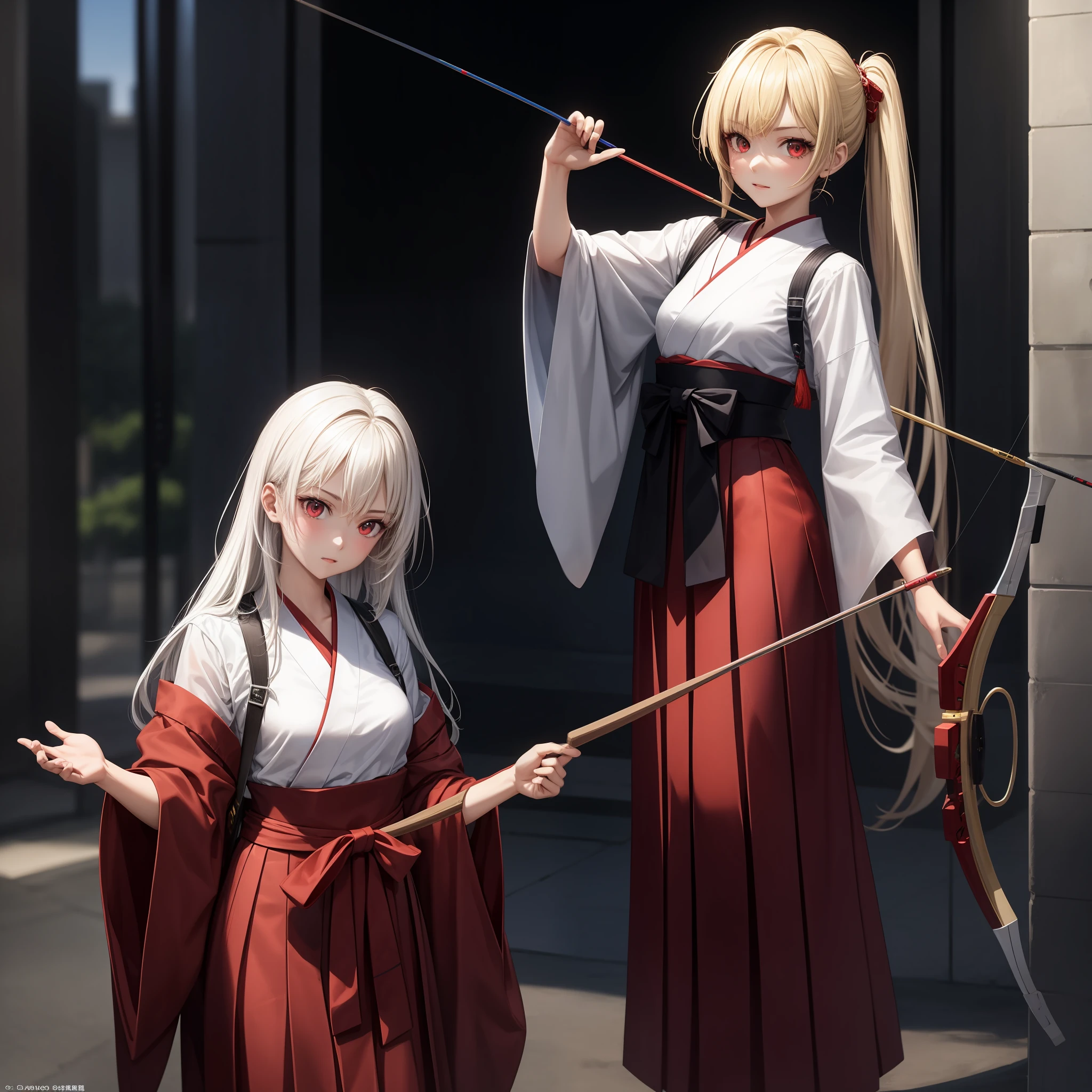 anime, girl, blonde girl with red eyes, girl with white hair with red eyes, hakama, archery club