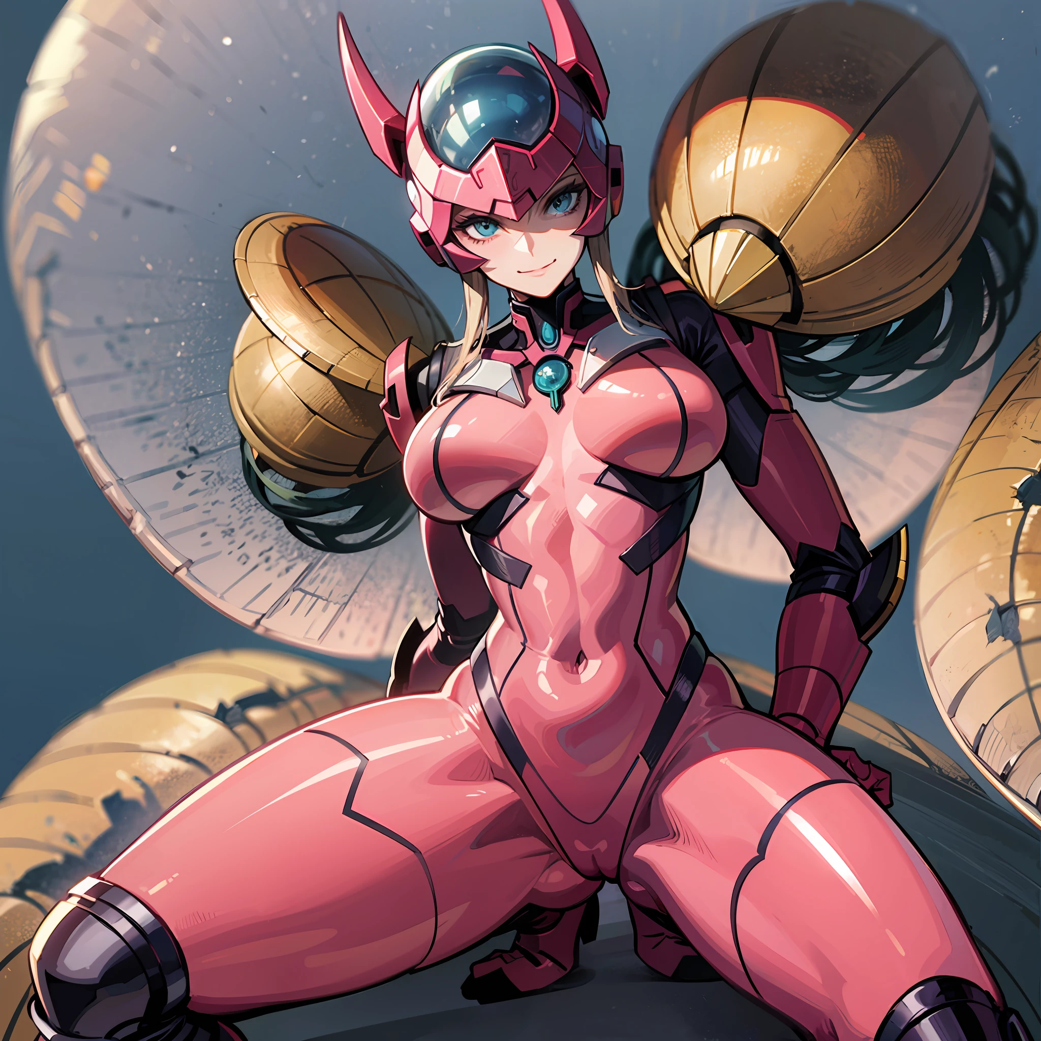 Hot insect shell woman, Guyver style, evil smile, scaraber reploid, bellows tail, cel shade adult animation, alien queen, metroid suit