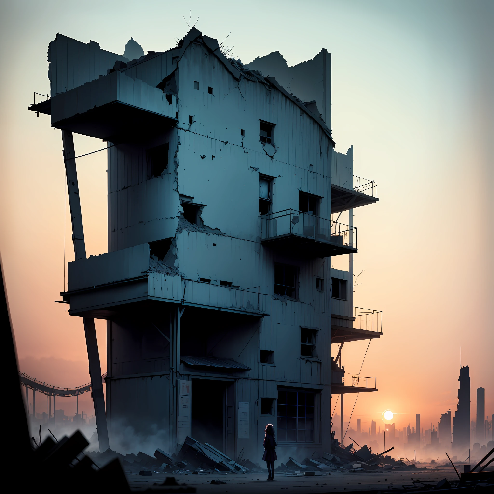 desolate and silent world among ruins, 1girl, (Sketch:1.2), key visual of the anime, landscape of an amusement park Brutal of Another World and Megalopolis, Clear Sky, Horror, F/8, Velvia, --auto