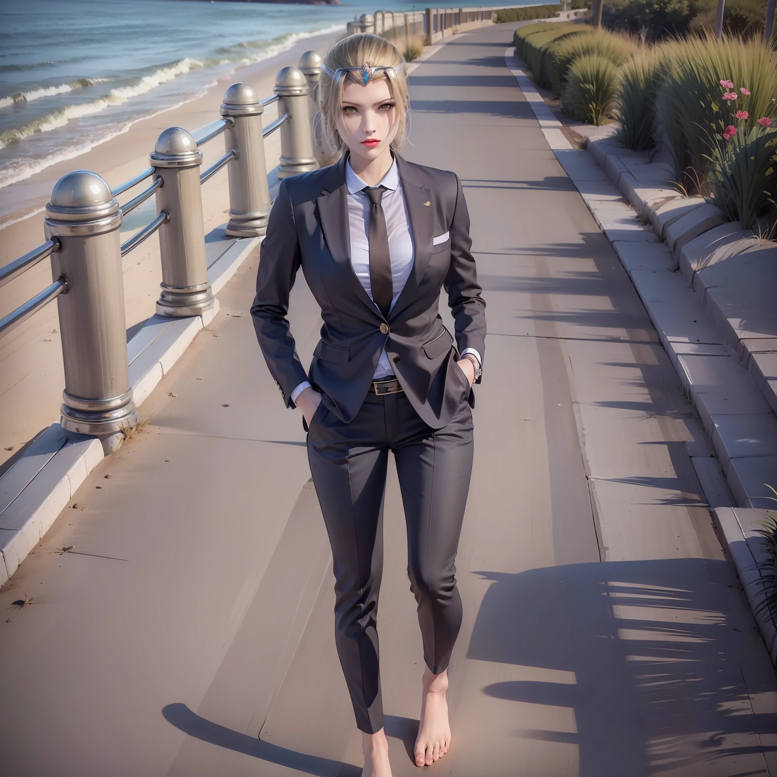 Casual pose, black stockings, shirt, women's suit, OL, black trousers, short hair, workplace trousers, beach, secretary, black suit, women's suit, women's suit, white collar, slit pocket, barefoot, beach