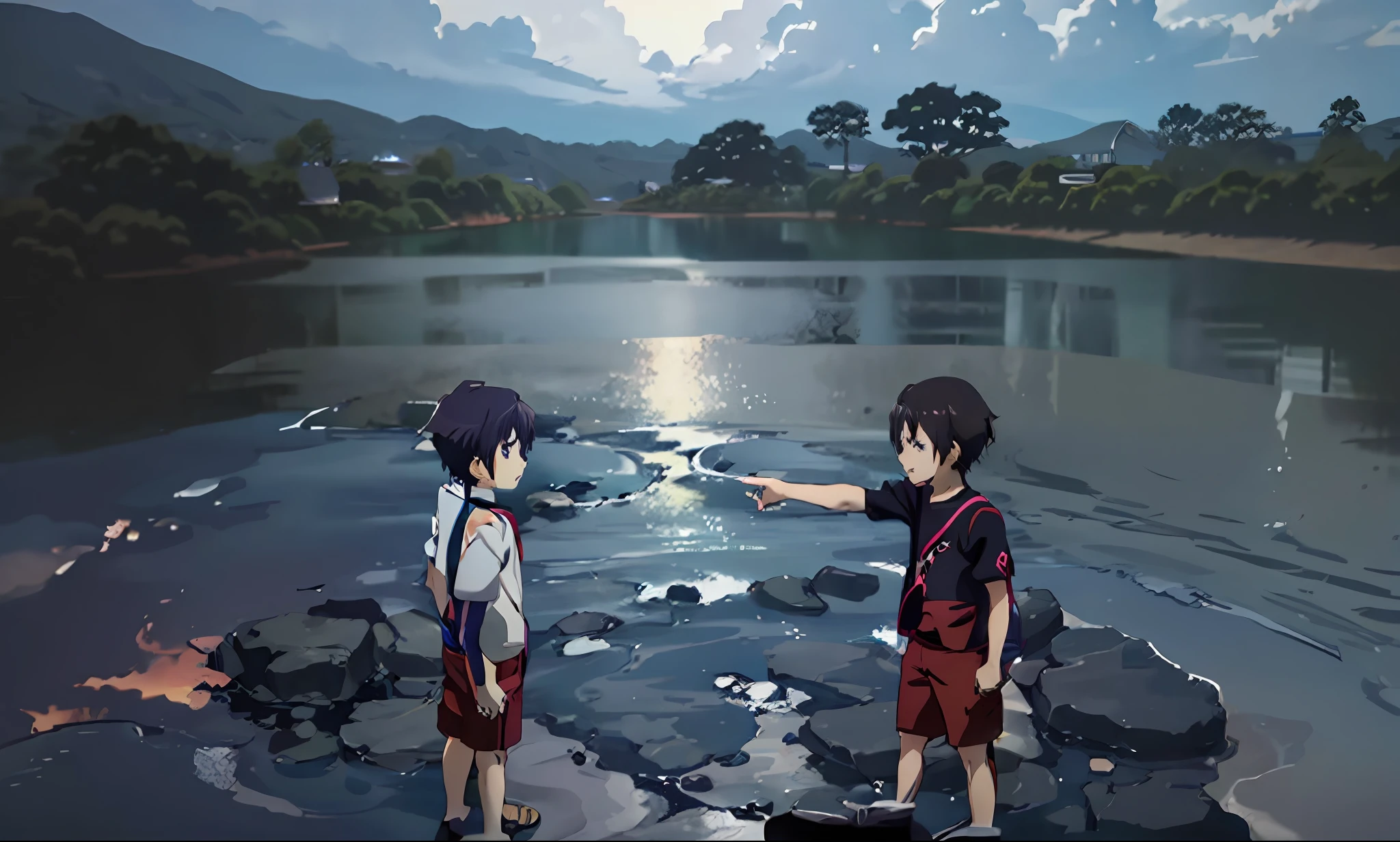 anime scene of two young boys standing in front of a body of water, anime still frame, anime screencap, in the anime film, anime movie screenshot, anime film still, still from tv anime, anime scene, anime movie scene, kyoto animation still, in style of kyoto animation, screenshot from the anime film, high quality anime movie still, today's featured anime still