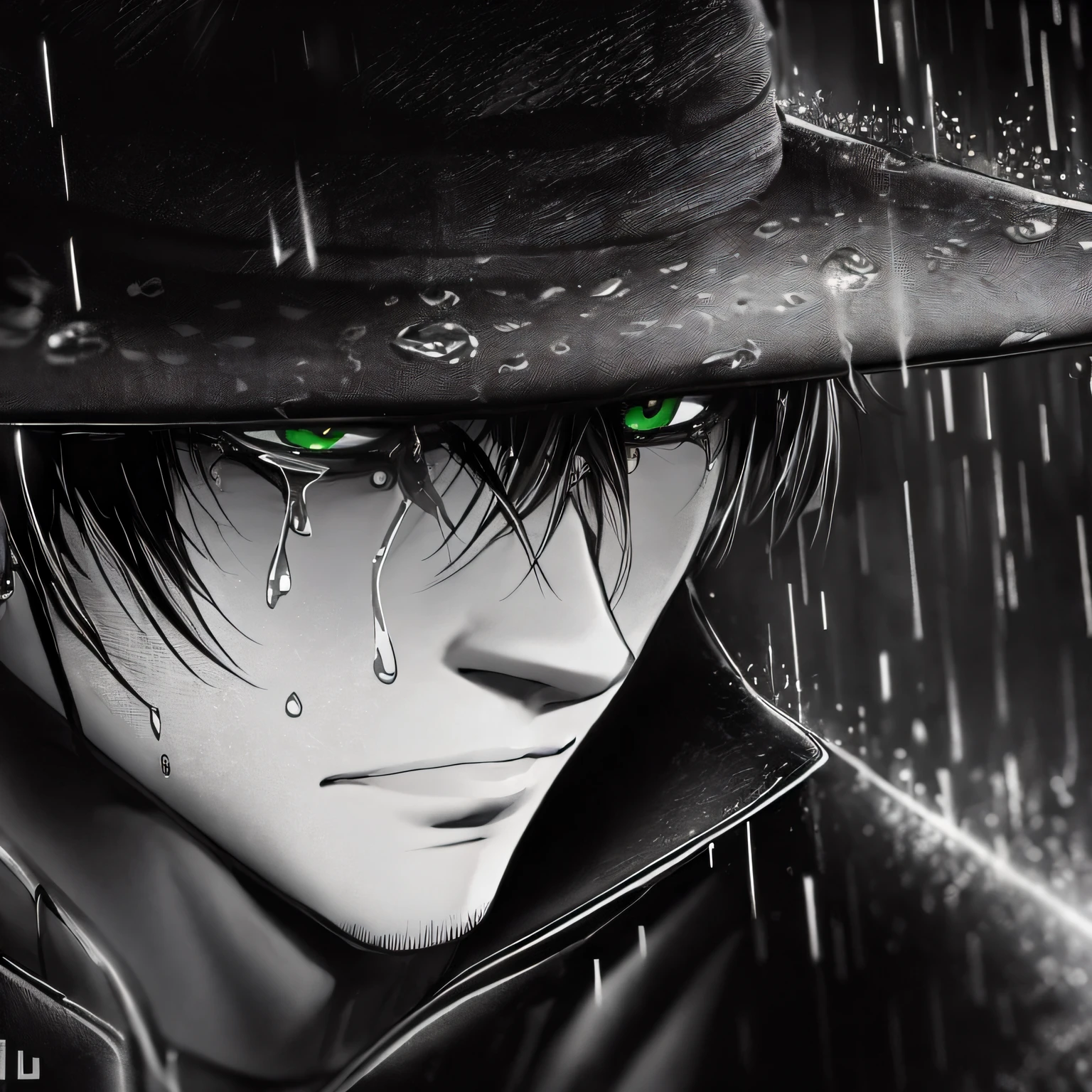 anime, preto e branco, olhos verdes, chapéu, chuva, cara, hd anime wallaper, 4 k manga wallpaper, hd anime wallpaper, 4k anime wallpaper, anime wallaper, épico estilo anime, estilo anime masculino, arte digital escura mas detalhada, anime wallpaper 4 k, anime wallpaper 4k, olhos bonitos anime, retrato de rosto de anime impressionante, anime hd wallpaper, side angle,  a handsome man with black hair, emerald eyes, wearing green zorro clothes, black hat, crying, sad rainy night scene, black and white, emotional, detailed tears, masterpiece, best quality, ultra realistic, ultra detailed textures and pixels, ultra detailed face, trending on pinterest, high quality, by A-1 Pictures Studio, 8k perfect ultra detailed anime art by professionals artists lw