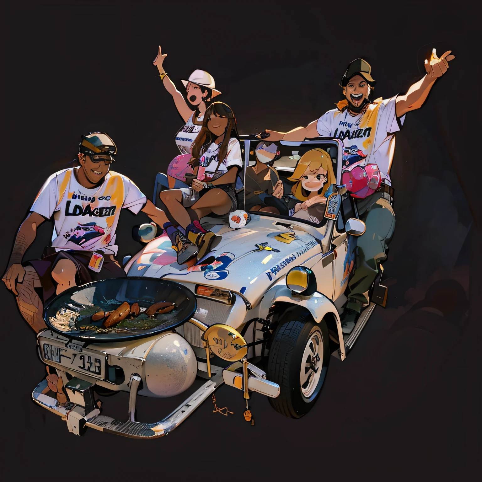 there are four people sitting in a car with a barbecue attached to the front of the car, Caricature drawing, official art, very happy!, tourist photo, winning, promotional art, edited, beetle, cool look, celebration, last photo, happy!, proud look, photo rendering, festival, by Lee Loughridge, celebrating, VW Beetle buggy, lada, full car, High quality drawing