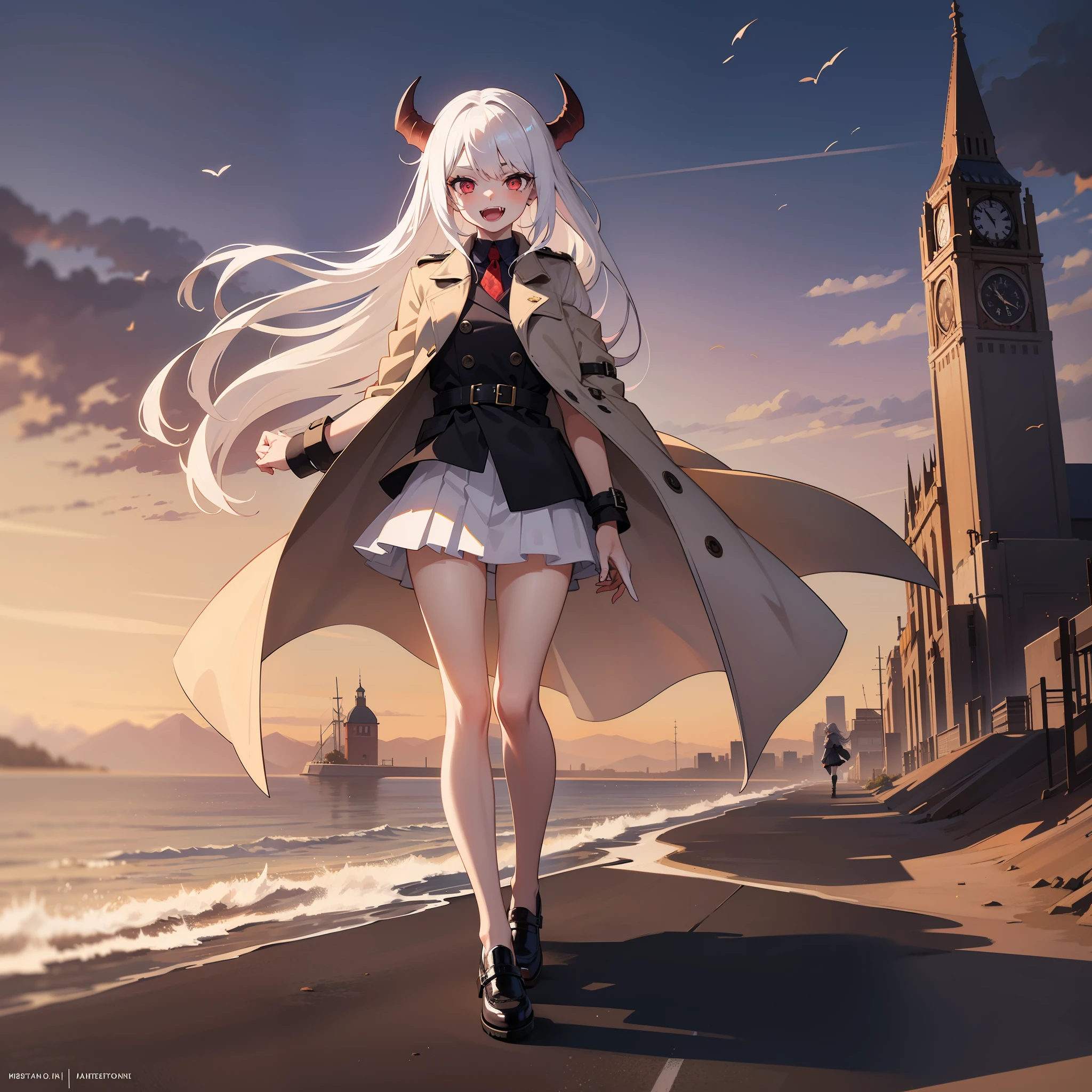 A girl, devil, white hair, long hair, dark red eyes, surrounded by hell, wearing a white skirt, a trench coat, hair fluttering in the wind, a trench coat fluttering in the wind, a skirt fluttering slightly, full body portrait, laughter, fangs, extreme details
