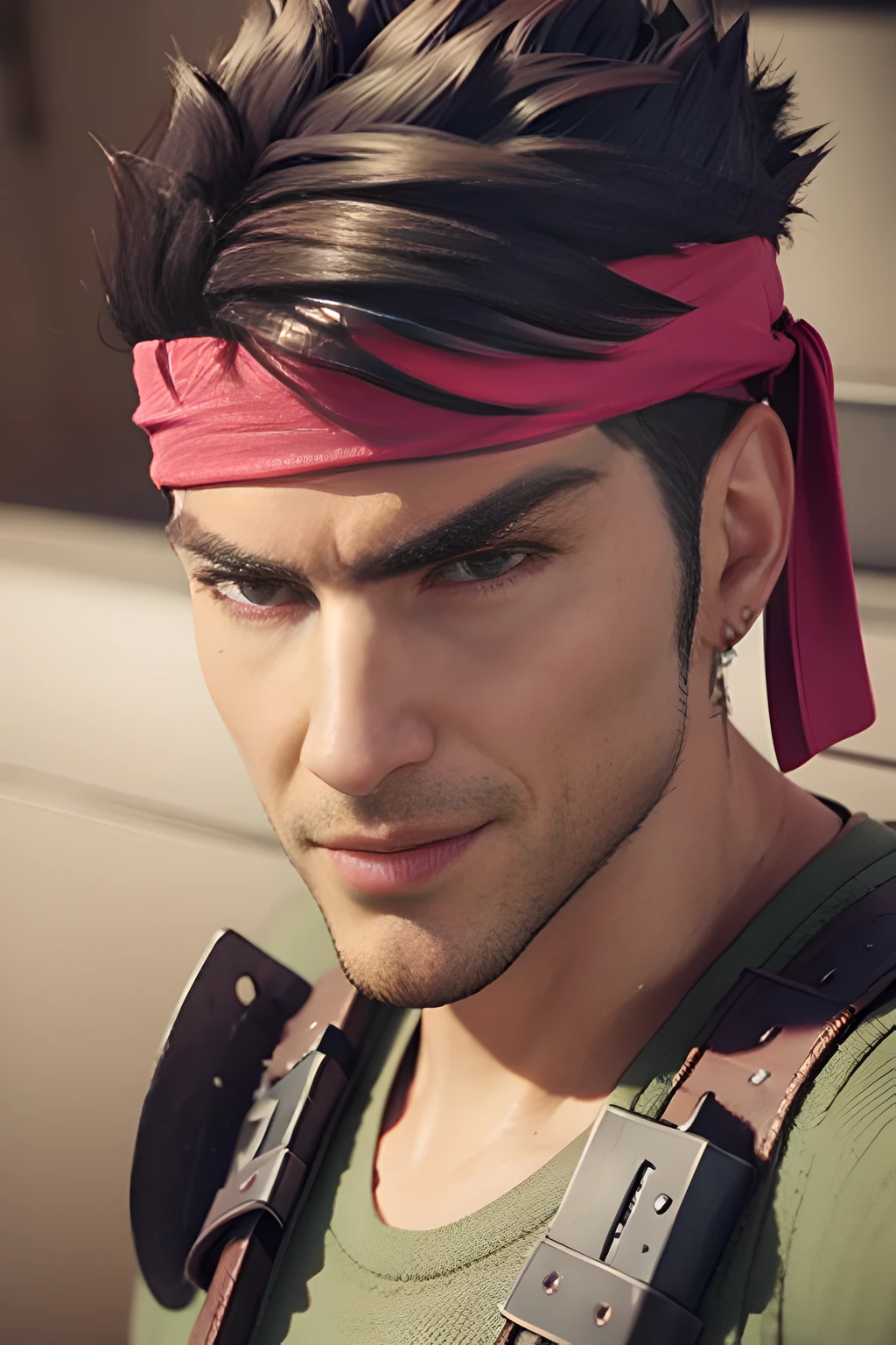 close up handsome bigg, 1boy , headband, armor , final fantasy  ,UNREAL ENGINE 5 , RAYTRACING, 3d render