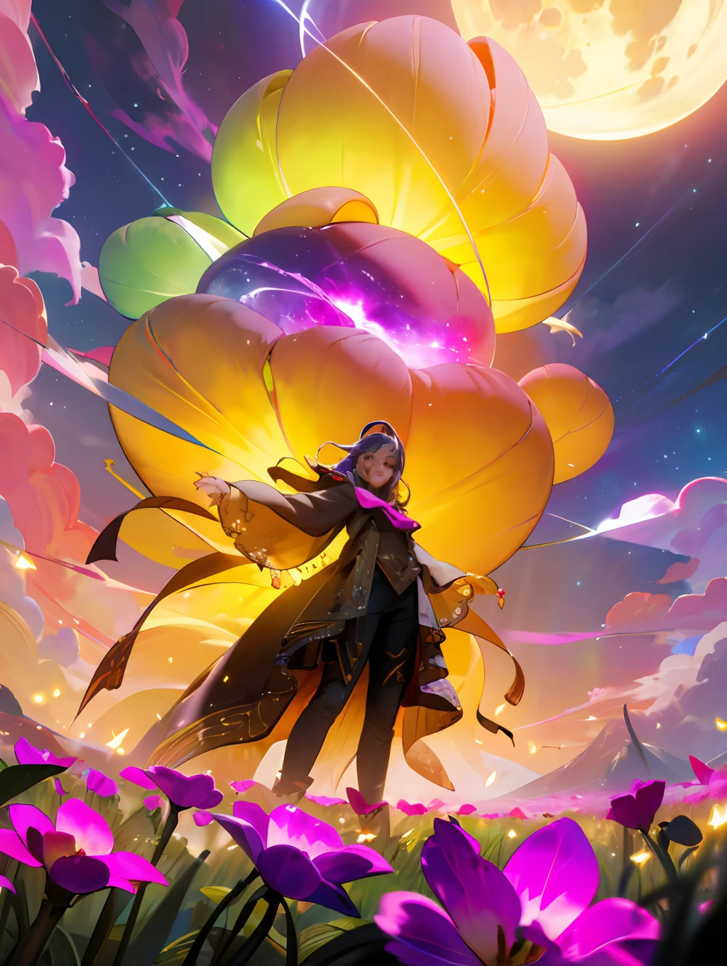 Vast landscape photo, (viewed from below, the sky is above and the open field is below), a girl standing on a flower field looking up, (full moon: 1.2), (meteor: 0.9), (nebula: 1.3), distant mountains , Trees BREAK Crafting Art, (Warm Light: 1.2), (Fireflies: 1.2), Lights, Lots of Purple and Orange, Intricate Details, Volumetric Lighting, Realism BREAK (Masterpiece: 1.2), (Best Quality), 4k, Ultra-Detailed, (Dynamic Composition: 1.4), Very Detailed, Colorful Details, (Rainbow Colors: 1.2), (Glow Lighting, Atmospheric Lighting), Dreamy, Magical, (Solo: 1.2)