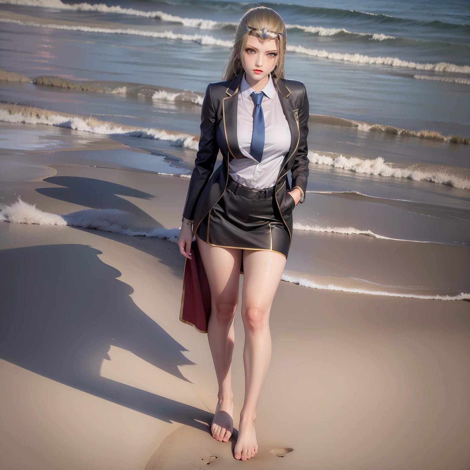 Casual pose, black stockings, shirt, ladies suit, OL, black stockings, beach, secretary, black suit, ladies suit, ladies suit, white collar, slit pocket, barefoot, beach