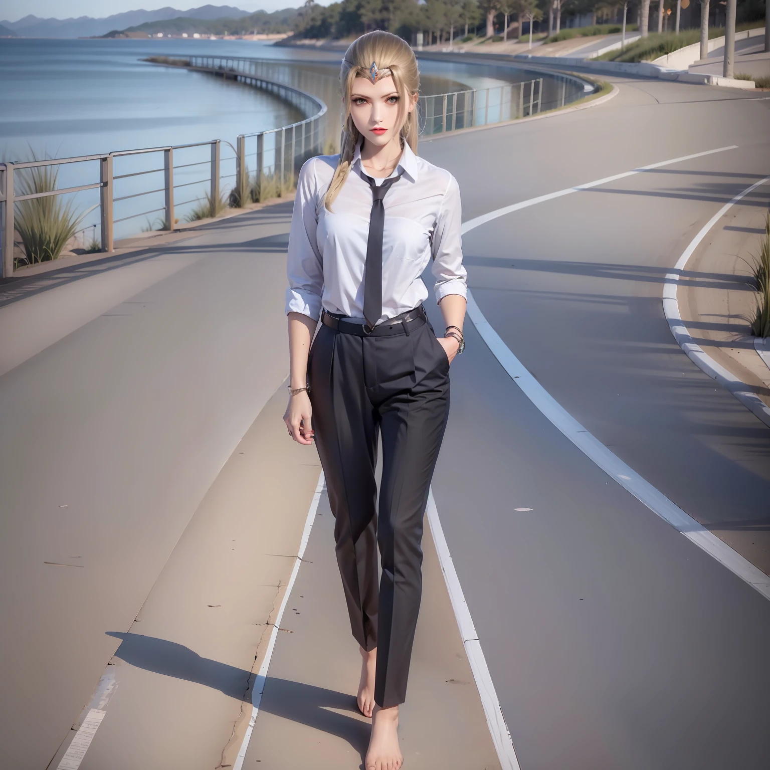 Casual pose, black stockings, shirt, women's suit, OL, black trousers, short hair, workplace trousers, beach, secretary, black suit, women's suit, women's suit, white collar, slit pocket, barefoot, beach