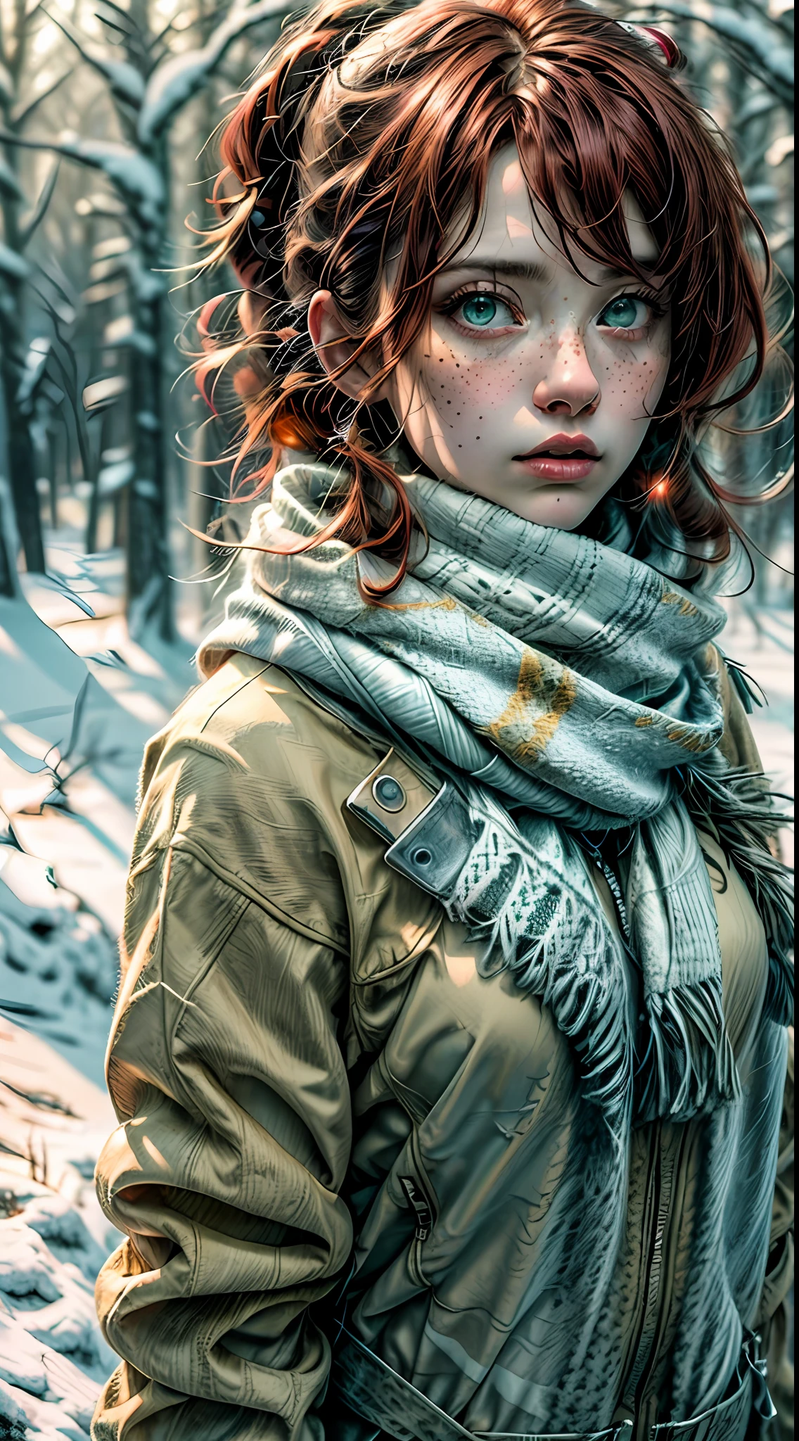 (masterpiece, high resolution, captivating redhead:1.4), a red-haired girl with thick, matching eyebrows and a sprinkling of freckles across her face. Her mesmerizing green eyes are of a strikingly light shade. She stands in a snow-covered, barren forest, surrounded by a vast expanse of snow. She is dressed in snug cold-weather clothing, layered for warmth, and wears a scarf to protect her from the chill. Her gaze is piercing, filled with determination. The setting sun casts a warm, golden glow, creating a breathtaking backdrop. Dry, skeletal trees stand in the background, adding to the desolate ambiance of the winter forest. Her cold-weather attire is fashioned from bear fur, providing both insulation and protection. Every detail, from the vibrant red hair to the intricate texture of her clothing, is meticulously portrayed. The composition captures the captivating presence of the girl, evoking a sense of both strength and vulnerability in the wintry landscape, Cinematic, Hyper-detailed, insane details, Beautifully color graded, Unreal Engine, DOF, Super-Resolution, Megapixel, Cinematic Lightning, Anti-Aliasing, FKAA, TXAA, RTX, SSAO, Post Processing, Post Production, Tone Mapping, CGI, VFX, SFX, Insanely detailed and intricate, Hyper maximalist, Hyper realistic, Volumetric, Photorealistic, ultra photoreal, ultra-detailed, intricate details, 8K, Super detailed, Full color, Volumetric lightning, HDR, Realistic, Unreal Engine, 16K, Sharp focus, octane render --v testp