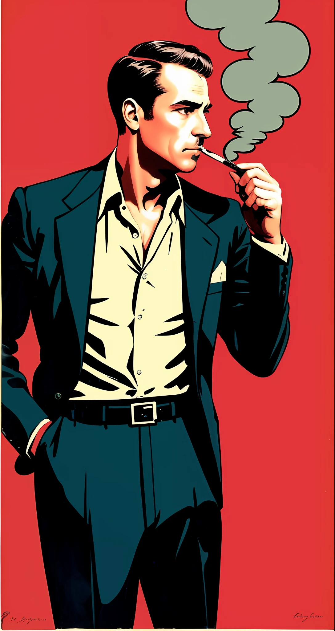 male detective, stern look, vintage art, illustration, upper body perspective night smoking 1940