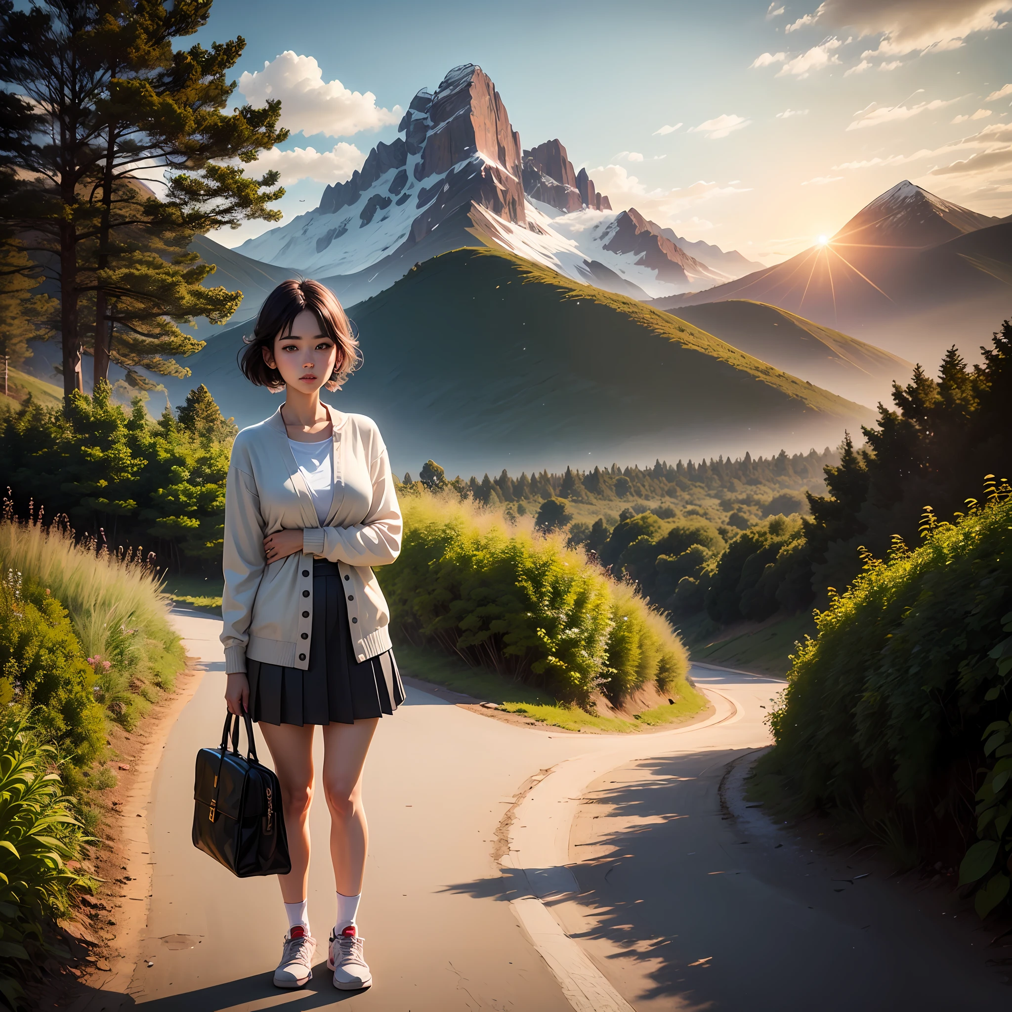 best quality, detailed, dreamland, fantasy world, mountain, sunset, clouds, bird in the sky, trees, vegetation, blue, red, yellow, white. 1girl, 20 years old, ulzzang, look at viewer, red pleated skirt, oversized cardigan, over shoulders, white shirt, medium breast, black long socks, red sneakers, photo, realistic, best quality, hires, detailed face