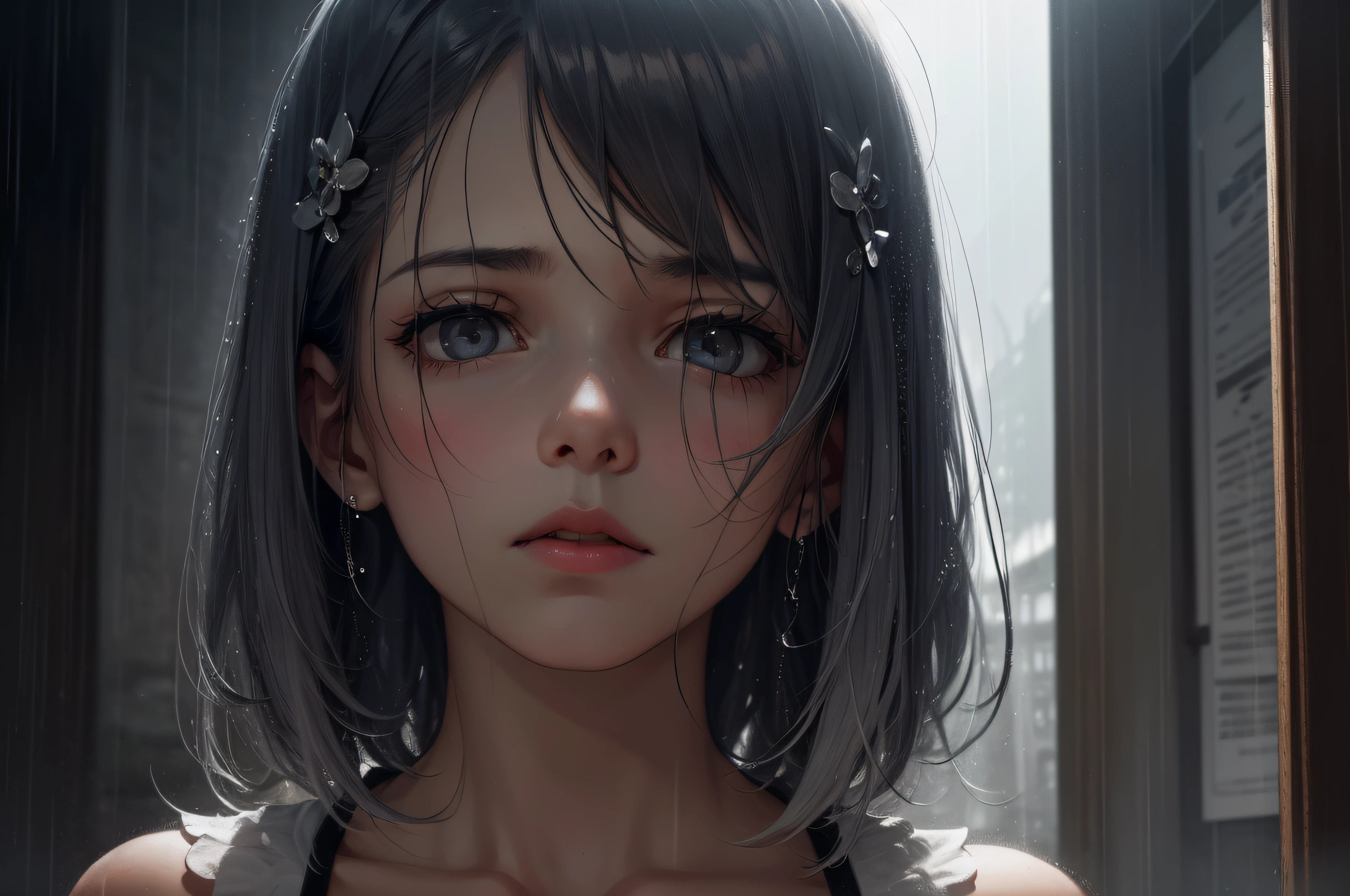 Bust portrait of a girl in the rain, her gaze lifted upward, raindrops flowing down her face, conveying a sense of oppression and inner struggle, as if fighting against the darkness, photography, using low-key light and shadow to create a gloomy and atmospheric mood, hairpin, messy hair, blurry, silver hair