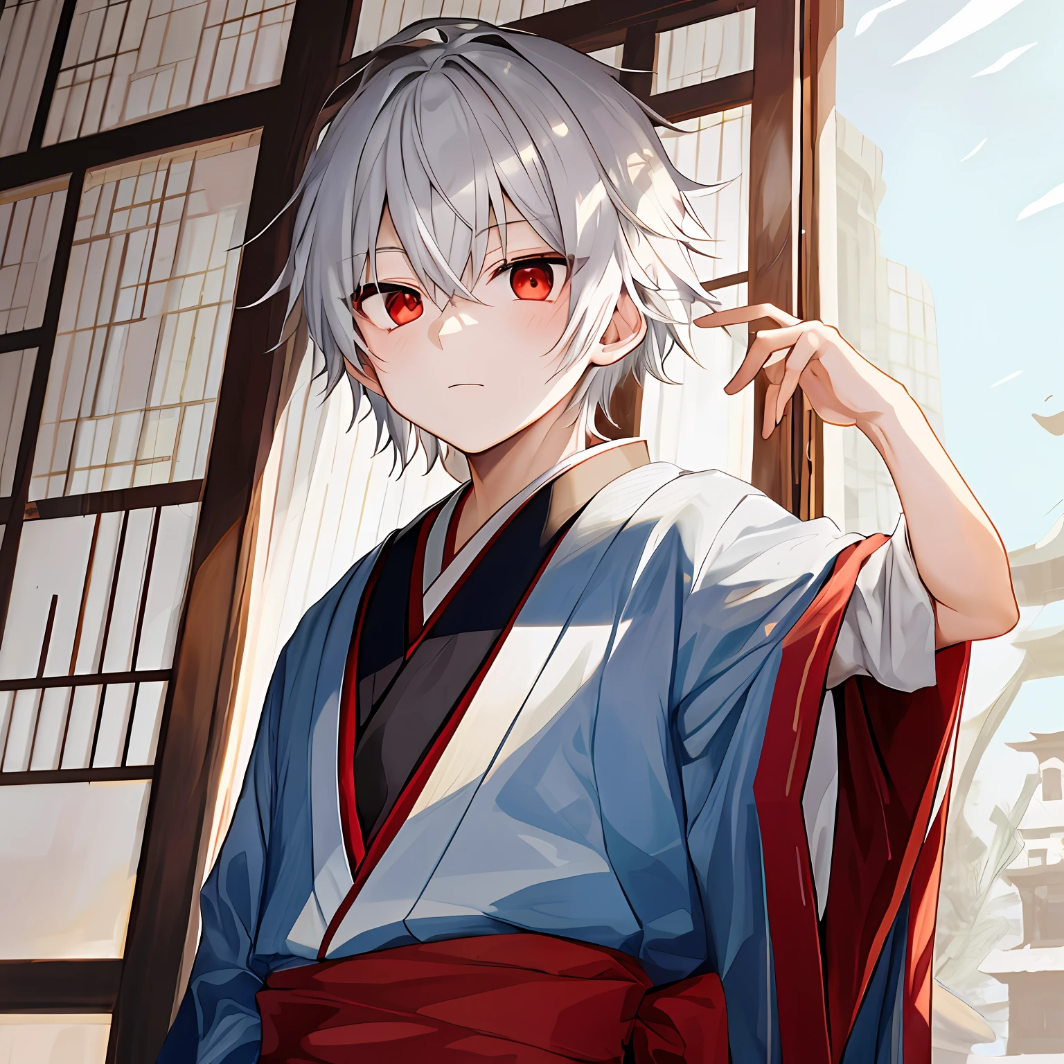 1 boy, looking forward, white hair, red eyes, Japanese, 14 to 15 years old.