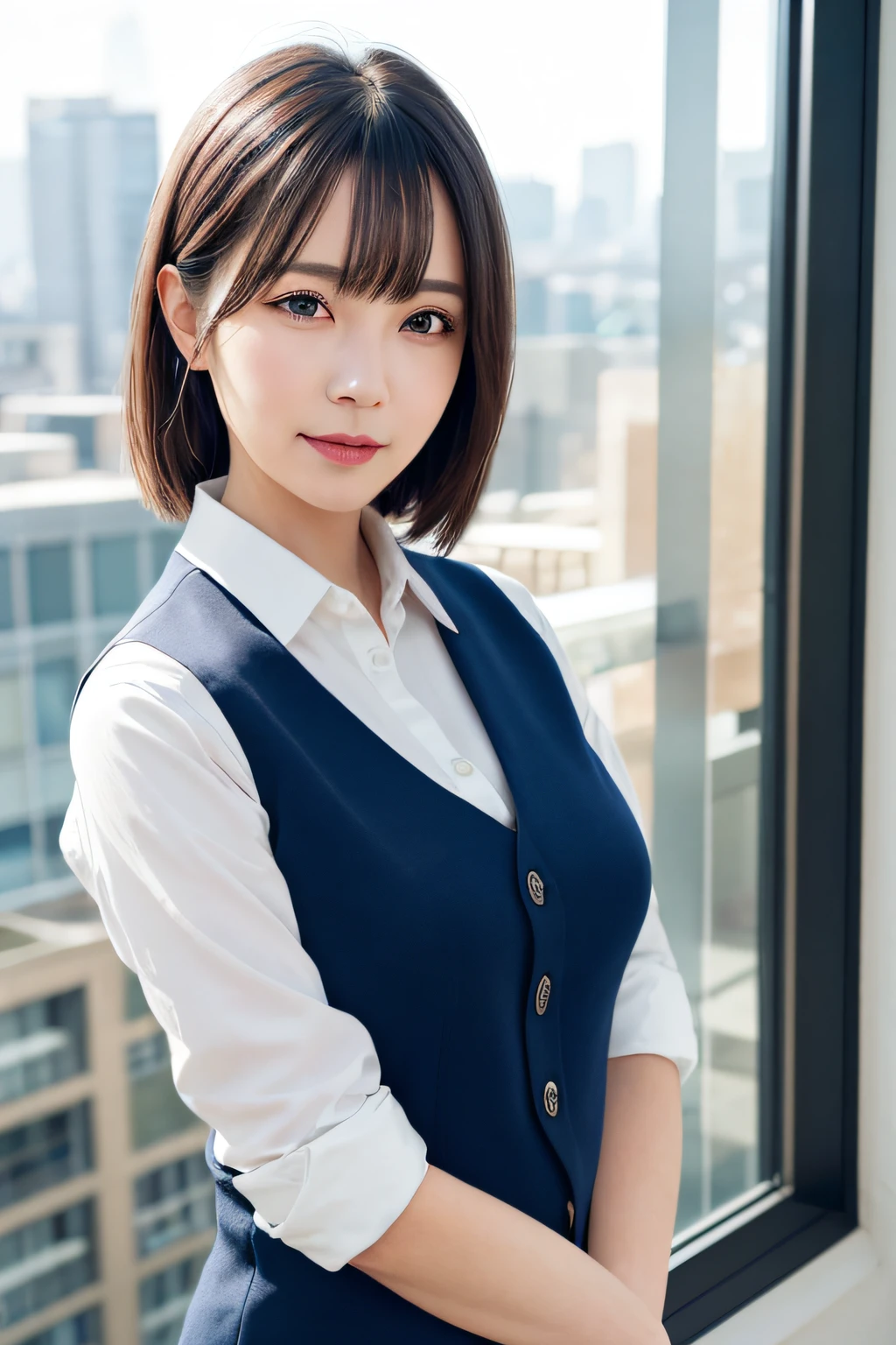 girl one, mature woman, vest, bow, photo, realistic, top quality, adopted, detailed face, office, building from window, detailed background, diffuse sunlight, depth of field, bokeh, pleases