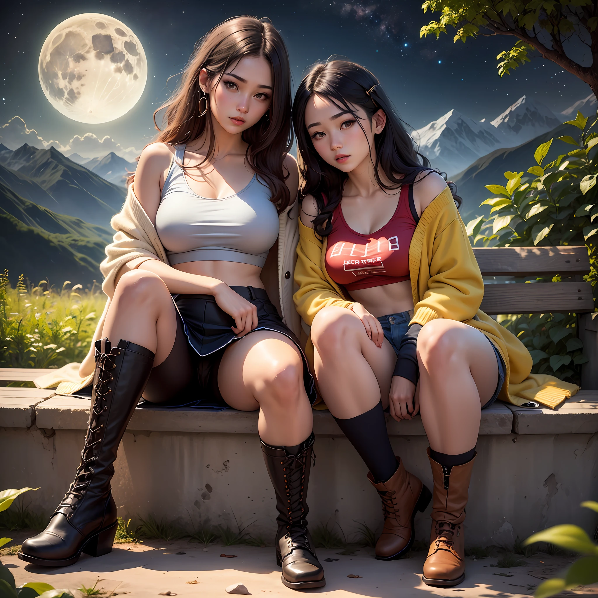 best quality, detailed, dreamland, fantasy world,night, stars, milky way, moon, moon light, yellow light mountain, trees, vegetation, blue, red, yellow, white. 1womman, sexy, alluring, 20 years old, ulzzang, long hair, red_lips, brown_eyes, look at viewer, sitting on bench, skirt, oversized cardigan, over shoulders, crop tshirt, medium breast, socks, boots, photo, realistic, best quality, hires, detailed face, dim light