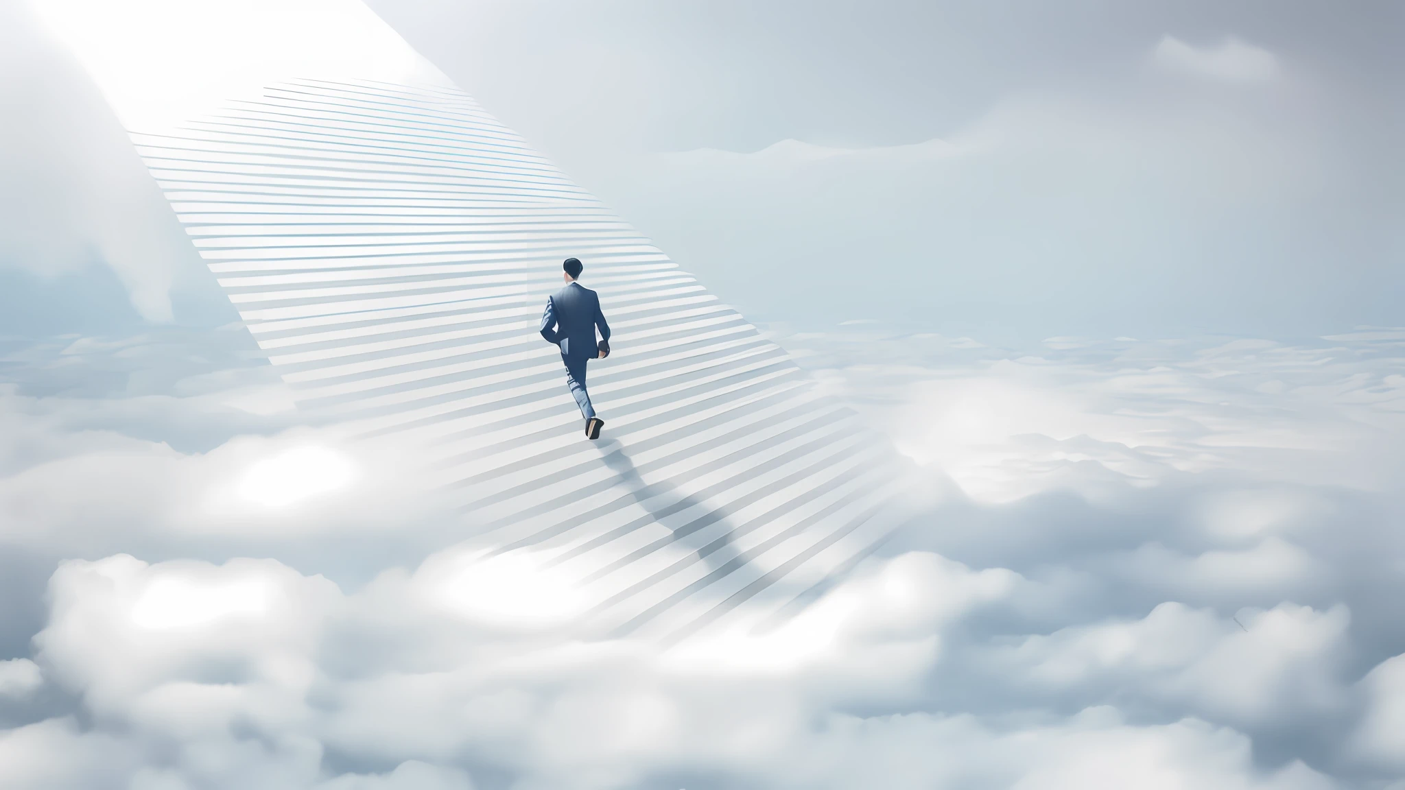 arafed image of a man in a suit walking on a ladder above the clouds, running and falling on clouds, standing on a cloud, female ascending into the sky, small steps leading down, stairway to heaven, descending from the heavens, she is approaching heaven, leading to the sky, rise above clouds, ascending, walking above the clouds and fog --auto