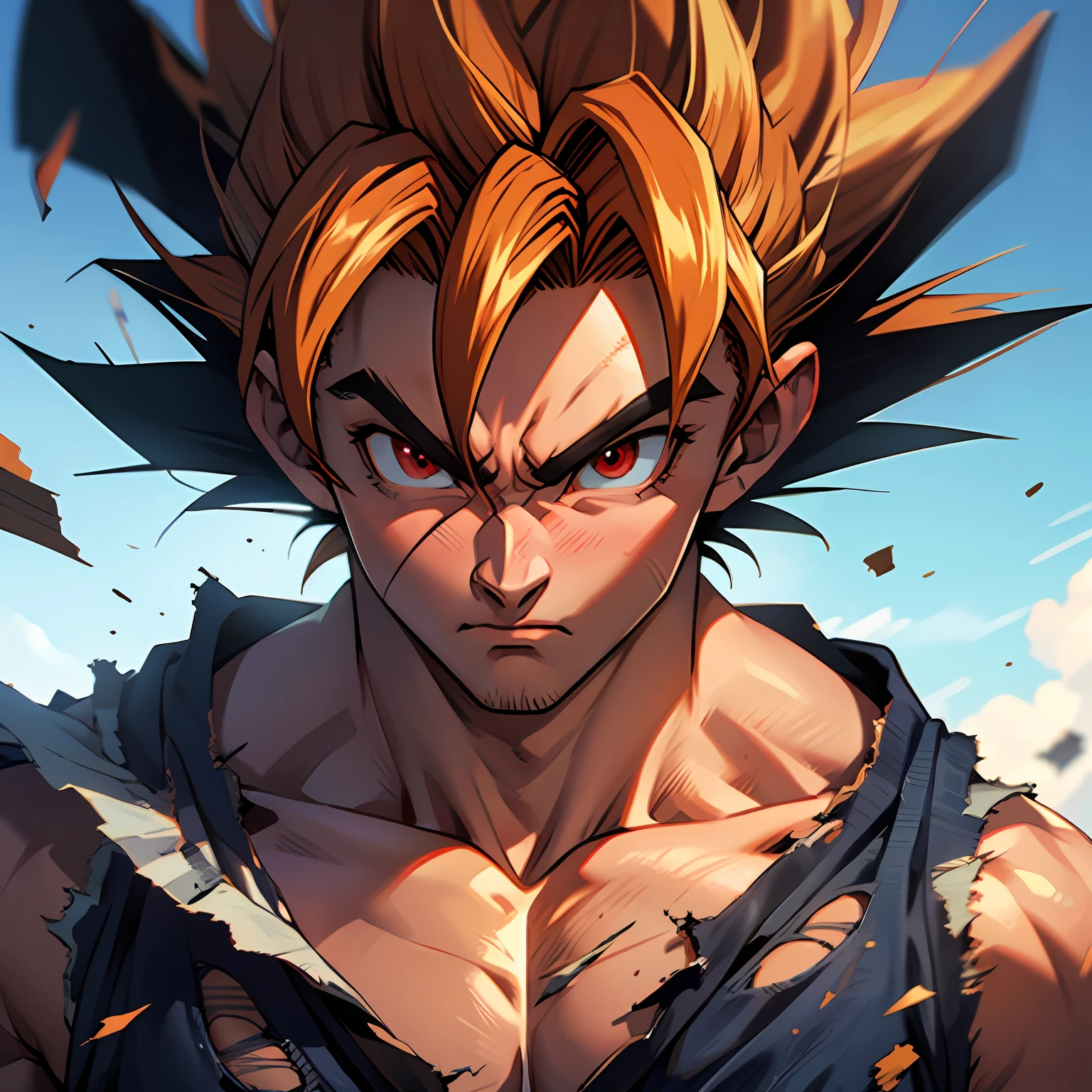 son goku, 1boy, battle damage, blue sky, blurry, blurred background, dougi, glacier, male focus, red eyes, red hair, sky, solo, super saiyan, super saiyan god, torn clothes, ((masterpiece))