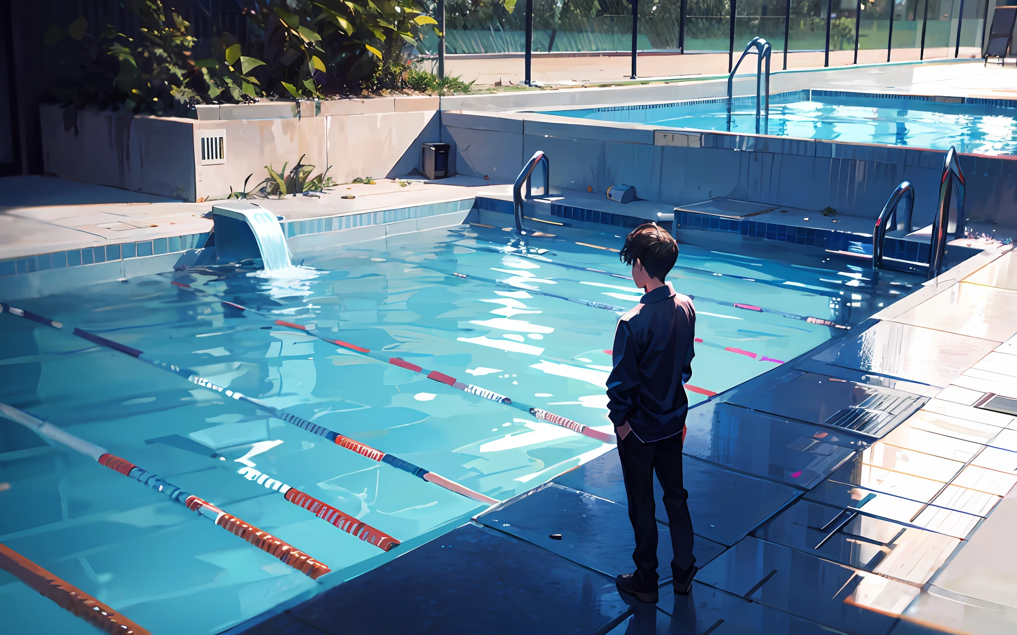 Seeing from afar a 25-year-old boy alone by the pool