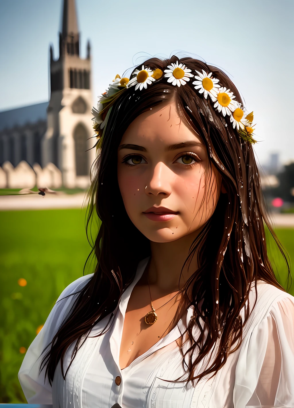 A portrait of a girl in a wet white dress, bright brown hair, chamomile wreath on head, closeup shot, cathedral in background, HDR, Shade, Cinematic, F/2.8, Lens Flare, Sunlight, Cinematic Lighting, ultra detailed