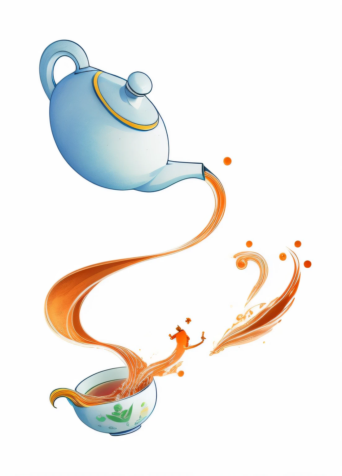A teapot pours liquid into a bowl of tea, tailor-made teapot, delicate digital illustrations, surreal scenes like drinking tea, smooth pouring dynamics, combined with Zhaowen Tianzheng's inspiration, through rendering art, showing vibrant full-color illustrations, Alan Jones-style digital illustrations add mystery to this work.
