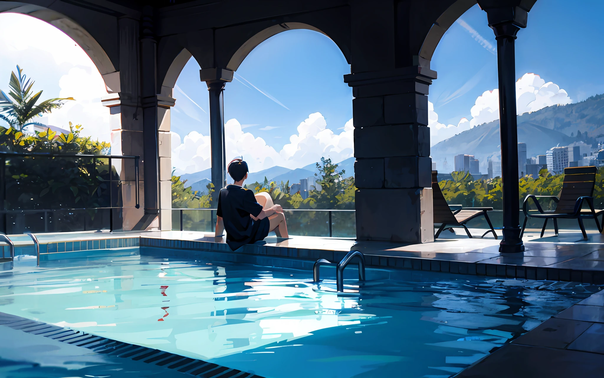 Seeing from afar a 25-year-old boy alone by the pool