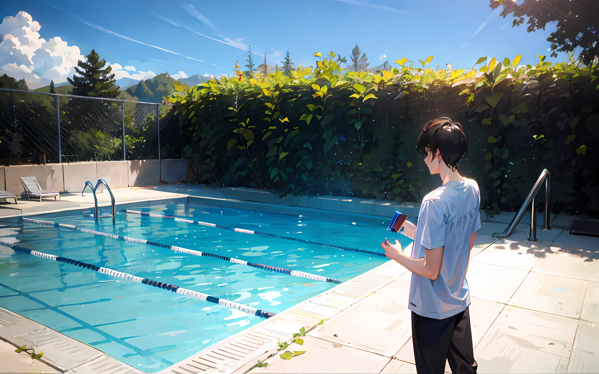 Seeing from afar a 25-year-old boy alone by the pool