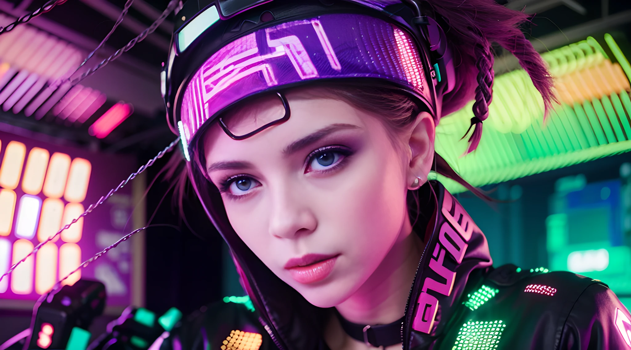 arafed woman in a black leather jacket and neon headband, bright cyberpunk glow, in cyberpunk style, beautiful cyberpunk girl face, cyberpunk look, the cyberpunk girl portrait, cyberpunk vibe, glitchpunk girl, cyberpunk beautiful girl, cyberpunk vibes, hyper-realistic cyberpunk style, beautiful cyberpunk woman model, dreamy cyberpunk girl, cyberpunk art style, cyberpunk style