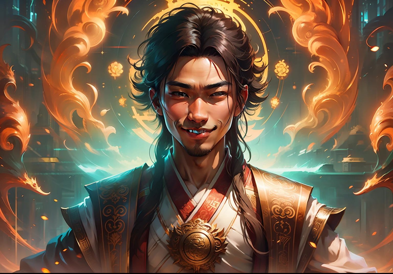 An image of young Li with a calm smile, showing his inner transformation and the achievement of the desired peace and serenity.