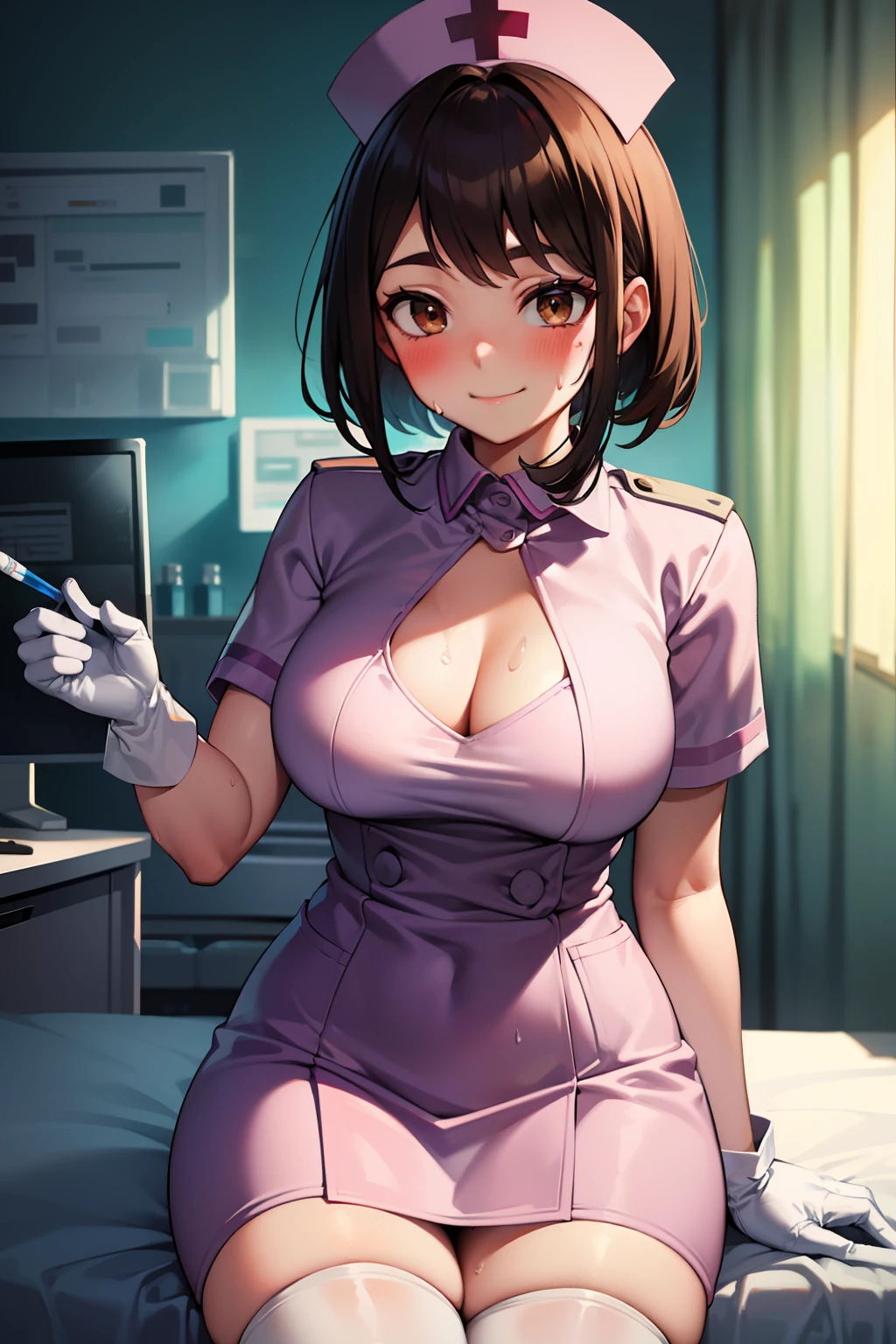 masterpiece, best quality, detailed, solo, 1girl, hmochako, nurse, stockings, seductive pose, nurse cap, chest curtains, gloves, smiling, caring, compassionate, interact, friendly, warm, hospital, medical clinic, nurse station, bedside, treatment room, medical equipment, supplies, hospital beds, monitors, medications, patients, colleagues, traditional, light blue, protective, background, setting, medical, clinical, bedside, treatment, equipment, supplies, hospital bed, monitor, medication, surgical mask, short hair, medium breasts, beautiful brown eyes, cleavage, big breasts, sweating, blushing, heavy breathing,