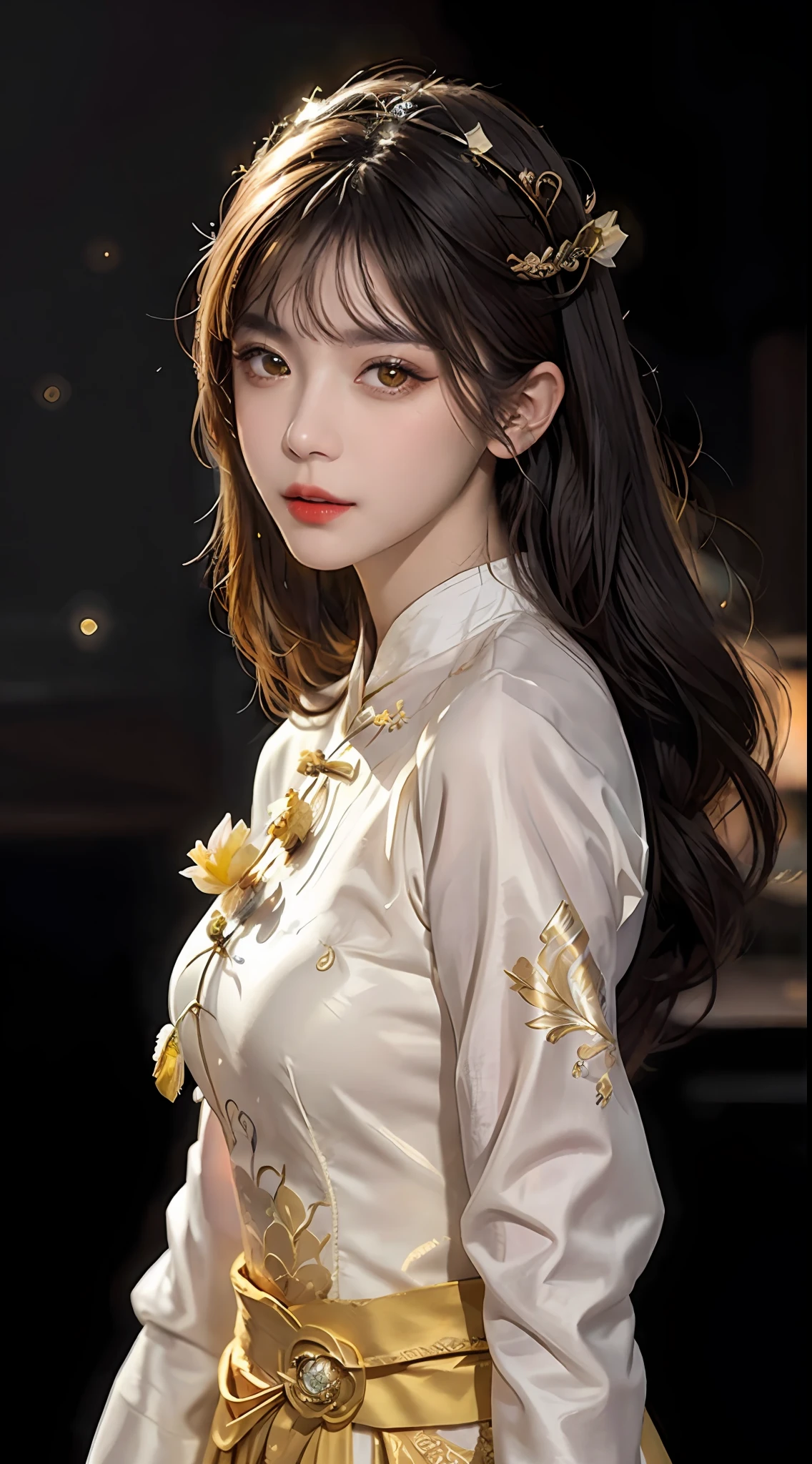 1 27-year-old girl, 1 zodiac goddess from the future, goddess of the pink and purple 12 zodiacs, the goddess of the zodiac in a yellow ao dai, a 12 zodiac ao dai with many black lace detail, mythology Goddess of the 12 zodiacs from the future, zodiac ♏, luxurious glittering zodiac style, dark and mysterious version, zodiac crown, lipstick lips red, thin and beautiful lips, mouth closed, characters made by karol bak and pino daeni, intricate detail, detailed background, extremely detailed, light magic, a woman, clear face, hair long with bangs, beautiful face in detail and well-proportioned eyes, (transparent yellow eyes: 1.8), big round eyes and very beautiful and detailed makeup, foresight, silk dress, mysterious makeup , double bangs and dyed light blonde , upper half portrait, zodiac goddess portrait, arms hanging loosely, Realistic and vivid photo, (stars make up the zodiac: 1.7), (sky background zodiac and fictitious space and time portal: 1.8), fiction art, RAW photo, hanfu picture, best photo, best photo quality, 8k quality, 8k ultra, super realistic, real photo most economical, the goddess poses sexy and seductive,