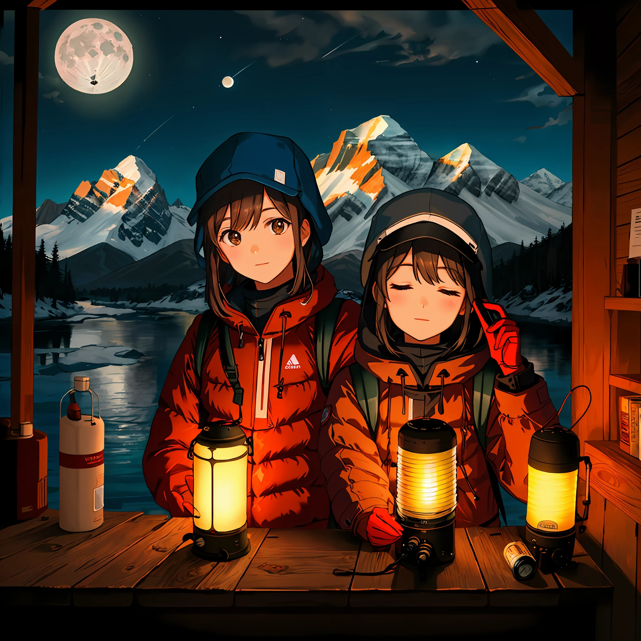 VeronicaCipher ((upper body selfie, happy)), masterpiece, best quality, ultra-detailed, solo, outdoor, (night), mountains, nature, (stars, moon) cheerful, happy, backpack, sleeping bag, camping stove, bottle water, mountain boots, gloves, sweater, hat, lantern, forest, rocks, river, wood, smoke, shadows, contrast, clear sky, style (warm hue, warm tone): 1.2), close-up, cinematic light, side lighting, ultra high resolution, best shadow, RAW, upper body, wearing pullover kodak vision 3,