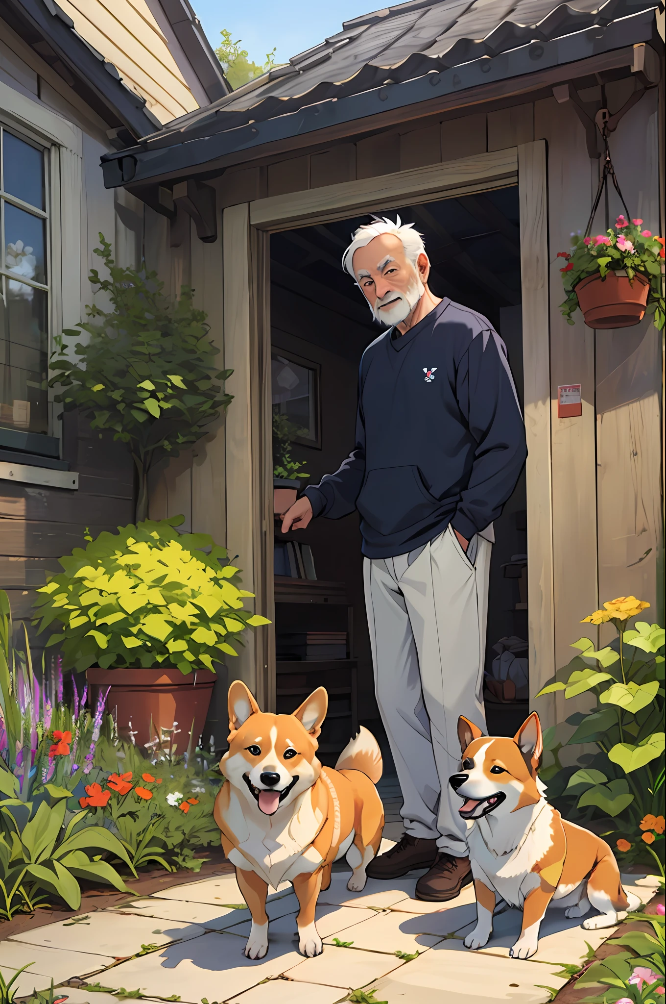 Outside, garden, morning, sunny, full, kind old man, male, Welsh corgi, dog