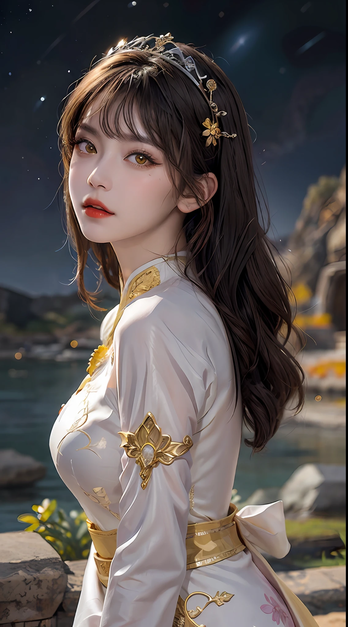 1 27-year-old girl, 1 zodiac goddess from the future, goddess of the pink and purple 12 zodiacs, the goddess of the zodiac in a yellow ao dai, a 12 zodiac ao dai with many black lace detail, mythology Goddess of the 12 zodiacs from the future, zodiac ♏, luxurious glittering zodiac style, dark and mysterious version, zodiac crown, lipstick lips red, thin and beautiful lips, mouth closed, characters made by karol bak and pino daeni, intricate detail, detailed background, extremely detailed, light magic, a woman, clear face, hair long with bangs, beautiful face in detail and well-proportioned eyes, (transparent yellow eyes: 1.8), big round eyes and very beautiful and detailed makeup, foresight, silk dress, mysterious makeup , double bangs and dyed light blonde , upper half portrait, zodiac goddess portrait, arms hanging loosely, Realistic and vivid photo, (stars make up the zodiac: 1.7), (sky background zodiac and fictitious space and time portal: 1.8), fiction art, RAW photo, hanfu picture, best photo, best photo quality, 8k quality, 8k ultra, super realistic, real photo most economical, the goddess poses sexy and seductive,