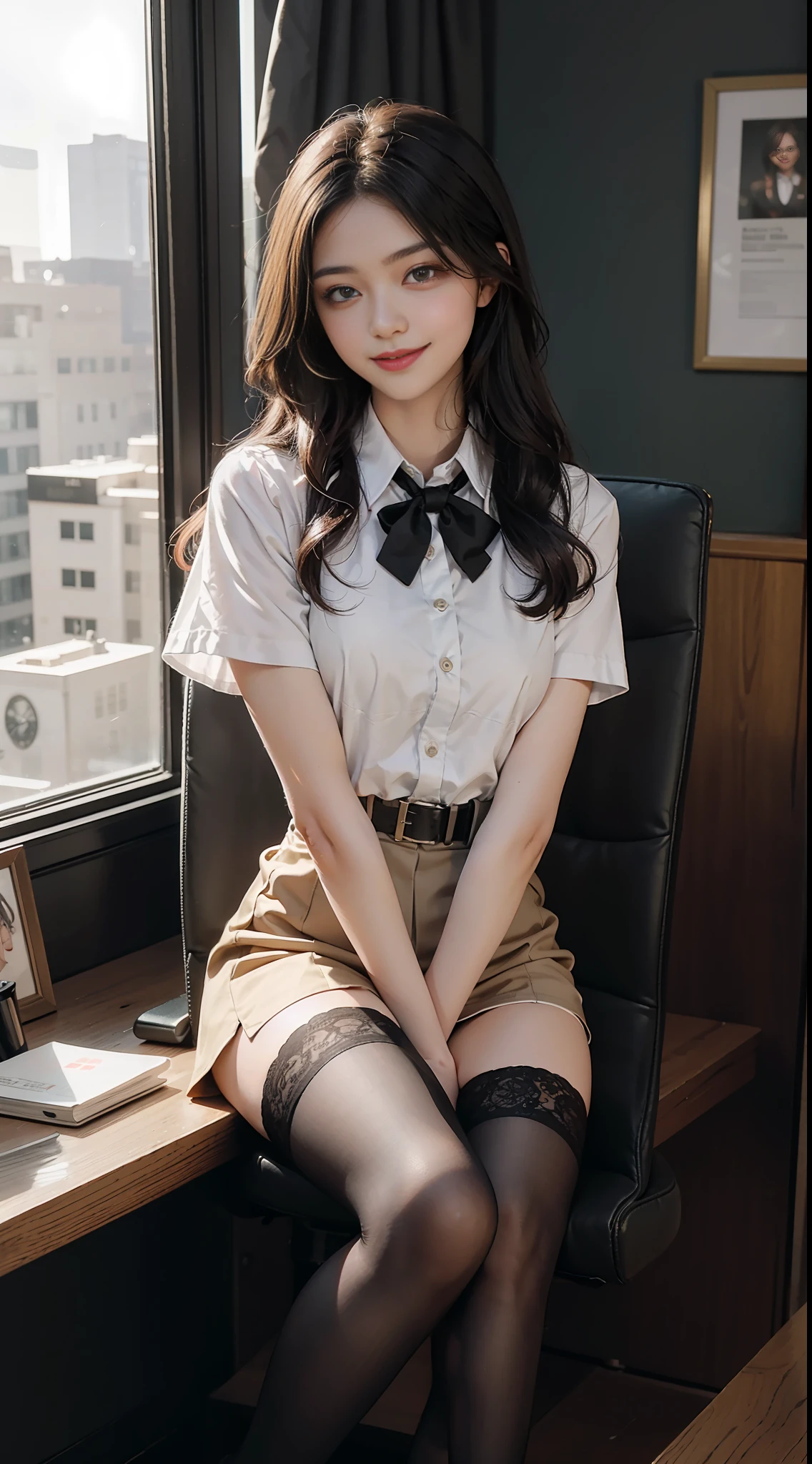 Best Quality, Full Body Portrait, Cinematic Texture Shot, Exquisite Face, Beautiful Face, 20 Year Old Woman, Smiling, Slim Figure, Small Bust, OL Uniform, Office Wear, Black Stockings, Interior Scene, Office, Seated