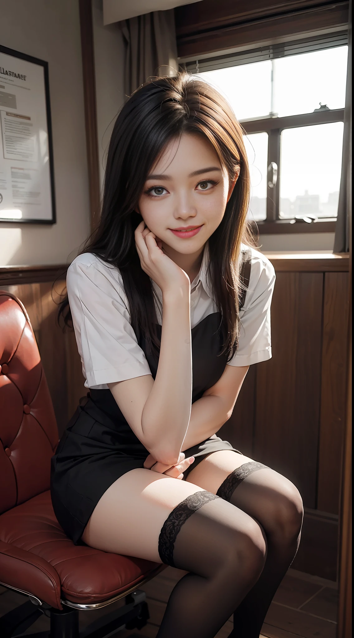 Best Quality, Full Body Portrait, Cinematic Texture Shot, Exquisite Face, Beautiful Face, 20 Year Old Woman, Smiling, Slim Figure, Small Bust, OL Uniform, Office Wear, Black Stockings, Interior Scene, Office, Seated