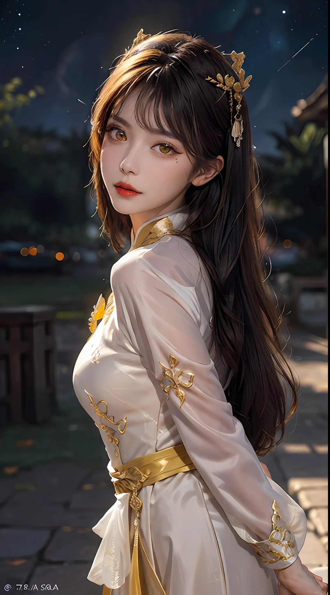 1 27-year-old girl, 1 zodiac goddess from the future, goddess of the pink and purple 12 zodiacs, the goddess of the zodiac in a yellow ao dai, a 12 zodiac ao dai with many black lace detail, mythology Goddess of the 12 zodiacs from the future, zodiac ♏, luxurious glittering zodiac style, dark and mysterious version, zodiac crown, lipstick lips red, thin and beautiful lips, mouth closed, characters made by karol bak and pino daeni, intricate detail, detailed background, extremely detailed, light magic, a woman, clear face, hair long with bangs, beautiful face in detail and well-proportioned eyes, (transparent yellow eyes: 1.8), big round eyes and very beautiful and detailed makeup, foresight, silk dress, mysterious makeup , double bangs and dyed light blonde , upper half portrait, zodiac goddess portrait, arms hanging loosely, Realistic and vivid photo, (stars make up the zodiac: 1.7), (sky background zodiac and fictitious space and time portal: 1.8), fiction art, RAW photo, hanfu picture, best photo, best photo quality, 8k quality, 8k ultra, super realistic, real photo most economical, the goddess poses sexy and seductive,