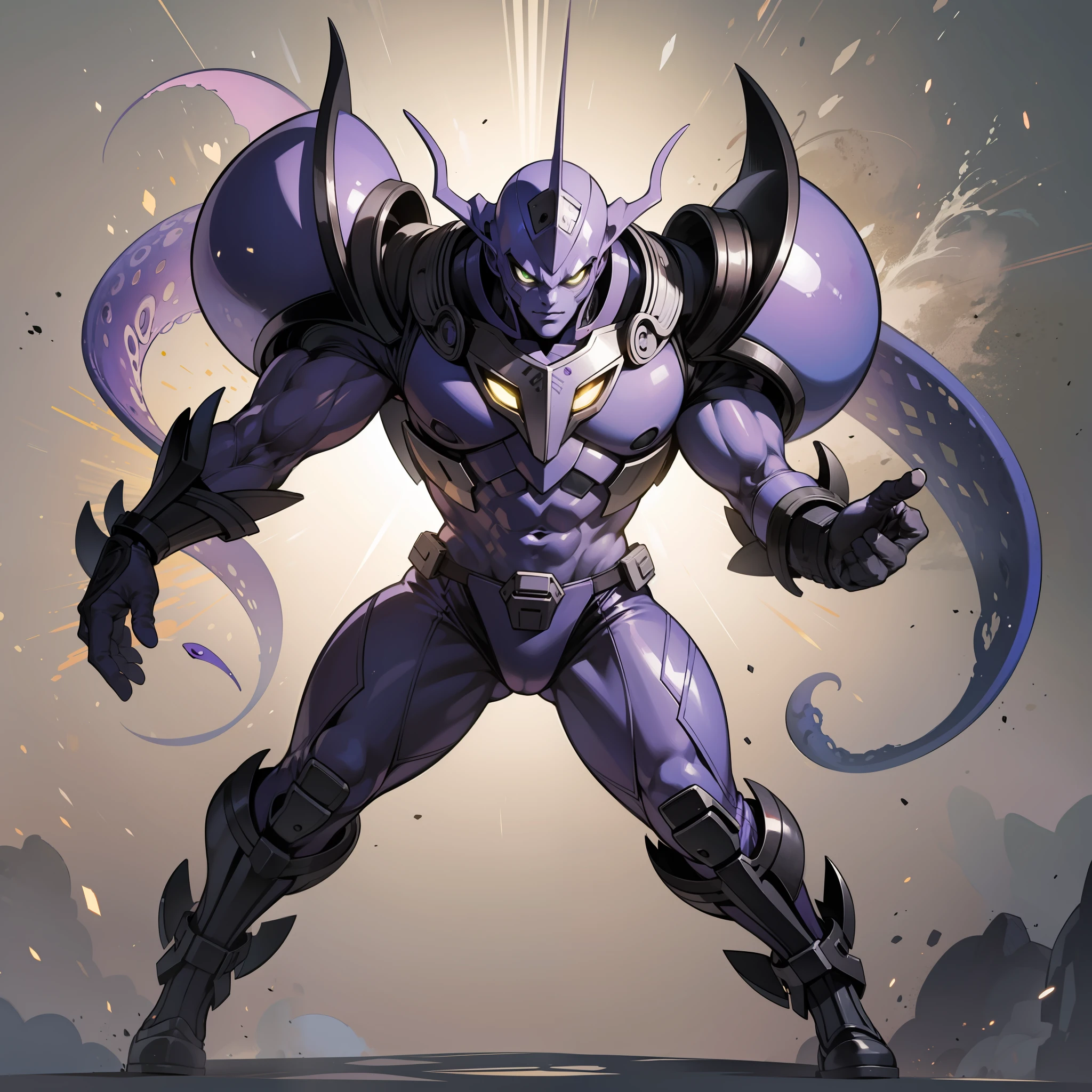 Unusually developed muscular body of black and purple, cartoon alien with tentacle body from arms, beetle shell, cel shade, guyver style, full body, full face mask