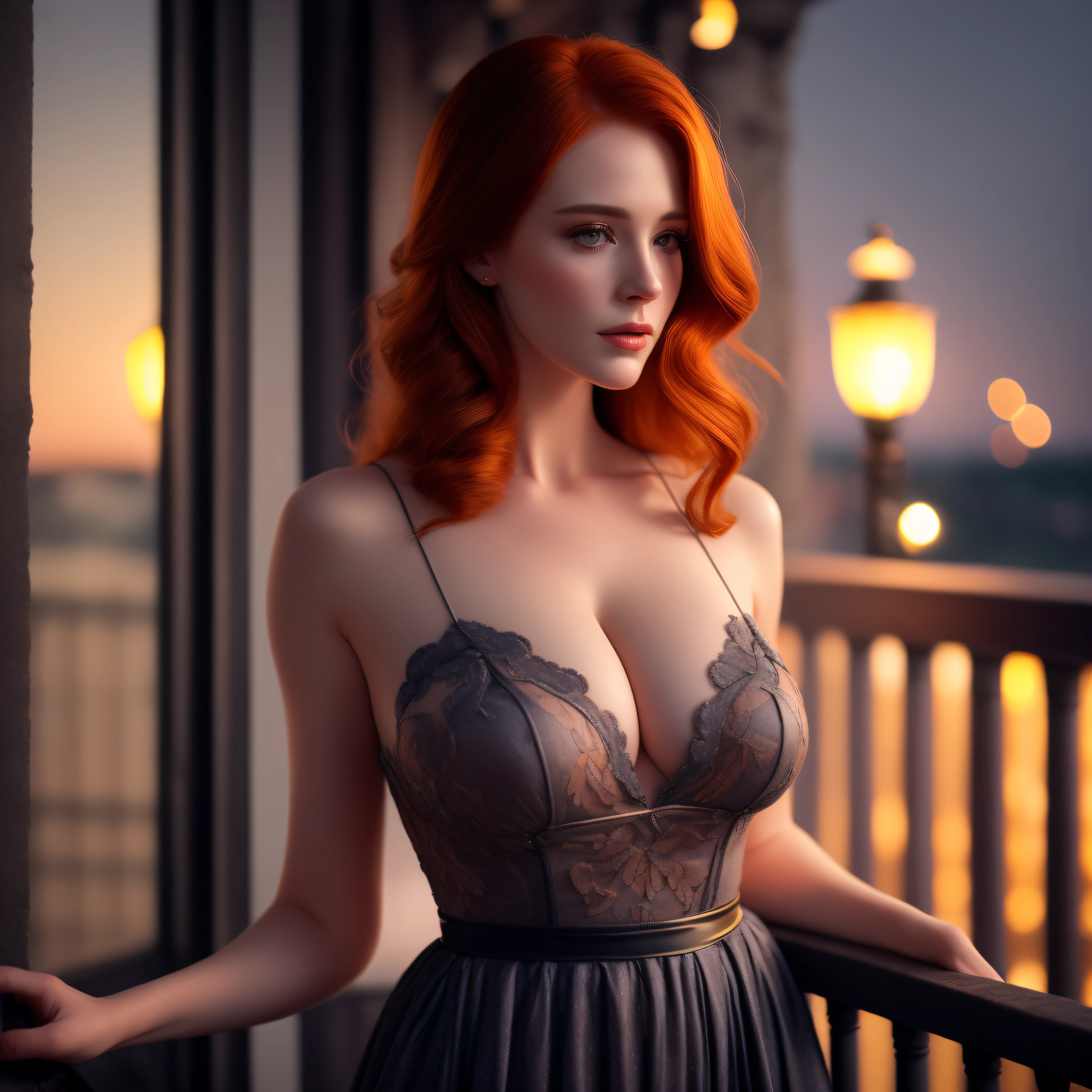 redhead, freckle teacher is on a balcony, (sexy pose), sensual dress, visible breast beak, (large breasts), slate atmosphere, cinematic, faded colors, dark shot, soft colors, grainy film, lut, insane details, intricate details, hyperdetailed, close-up, twilight