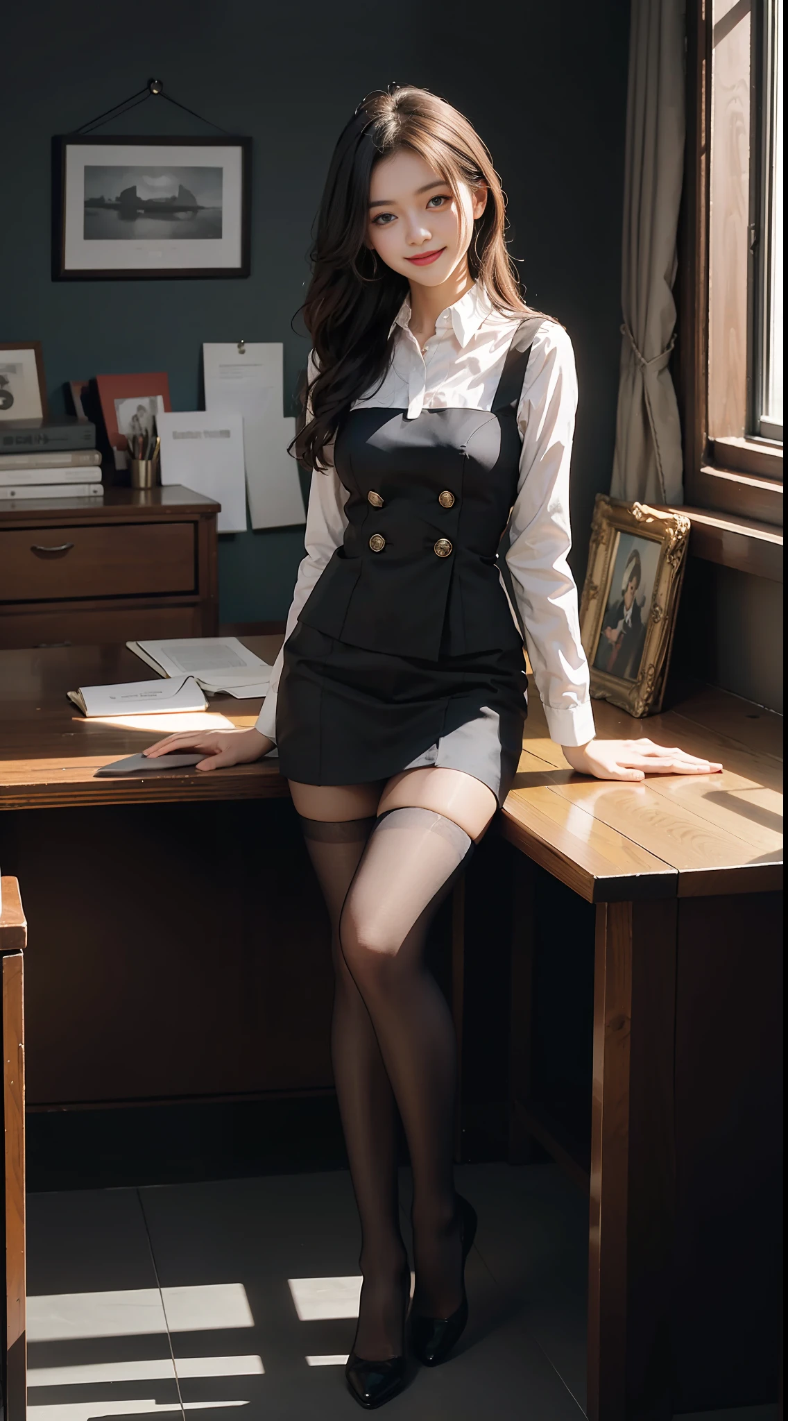 Best Quality, Full Body Portrait, Cinematic Texture Shot, Exquisite Face, Beautiful Face, 20 Year Old Woman, Smiling, Slim Figure, Small Bust, OL Uniform, Office Wear, Black Stockings, Interior Scene, Office, Seated