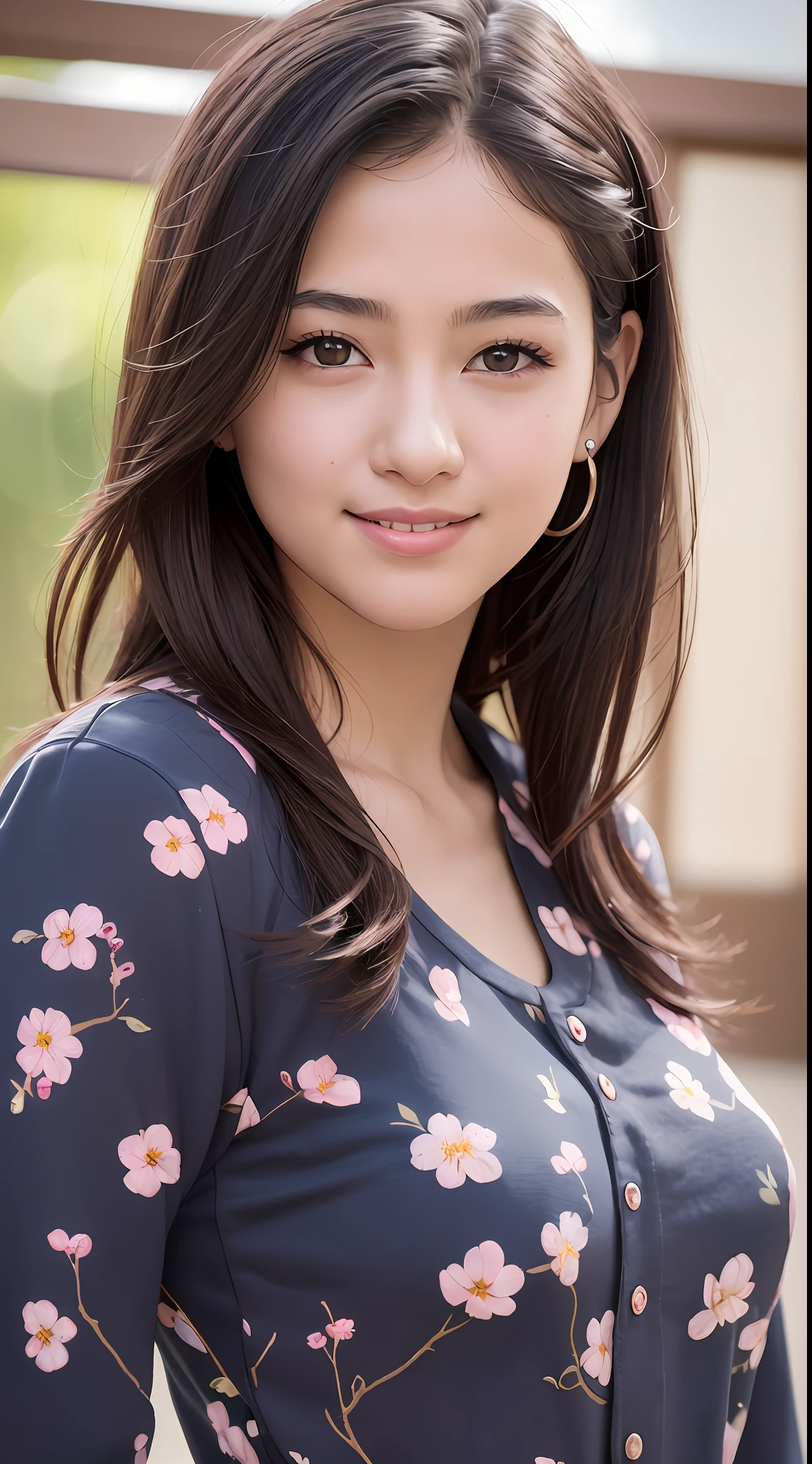 (8k, RAW photos, best quality, high resolution: 1.1), (ultra-realistic: 1.4), (realistic, photorealistic: 1.3), soft light, girl, , Japan person, realistic face, realistic body, realistic skin, , absurdity, masterpiece, (cute: 1.8), cuties, solo, (large: 1.2), detailed black eyes, innocent eyes, cheeks, (floral shirt: 1.2), split abs, cinema light, film grain, short hair, ((big: 1.1)), cherry colored lips, close-up, look viewer, upper body, open lips, upper teeth, (smiling eyes: 0.6), ((grinning: 1.2)), depth of field, blurred background, eye focus, bokeh, cherry blossom avenue, 85mm lens, f/1.4, professional lighting, young, portrait, photon mapping, Radiosity, physically based rendering