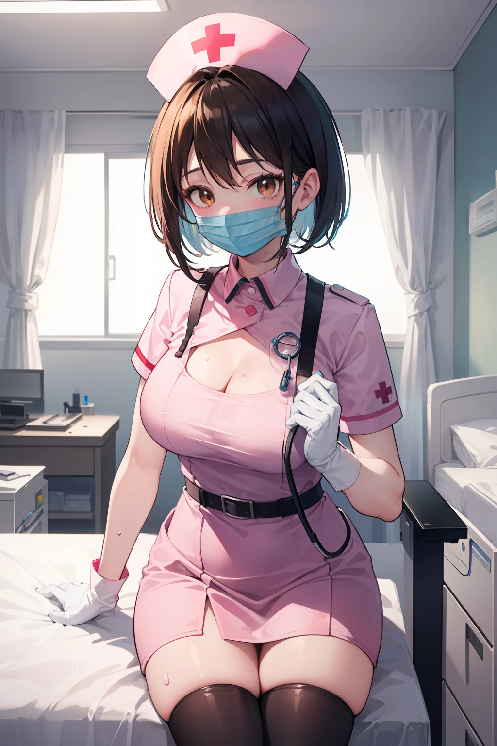 masterpiece, best quality, detailed, solo, 1girl, hmochako, nurse, stockings, seductive pose, nurse cap, chest curtains, gloves, smiling, caring, compassionate, interact, friendly, warm, hospital, medical clinic, nurse station, bedside, treatment room, medical equipment, supplies, hospital beds, monitors, medications, patients, colleagues, traditional, light blue, protective, background, setting, medical, clinical, bedside, treatment, equipment, supplies, hospital bed, monitor, medication, surgical mask, short hair, medium breasts, beautiful brown eyes, cleavage, big breasts, sweating, blushing, heavy breathing,