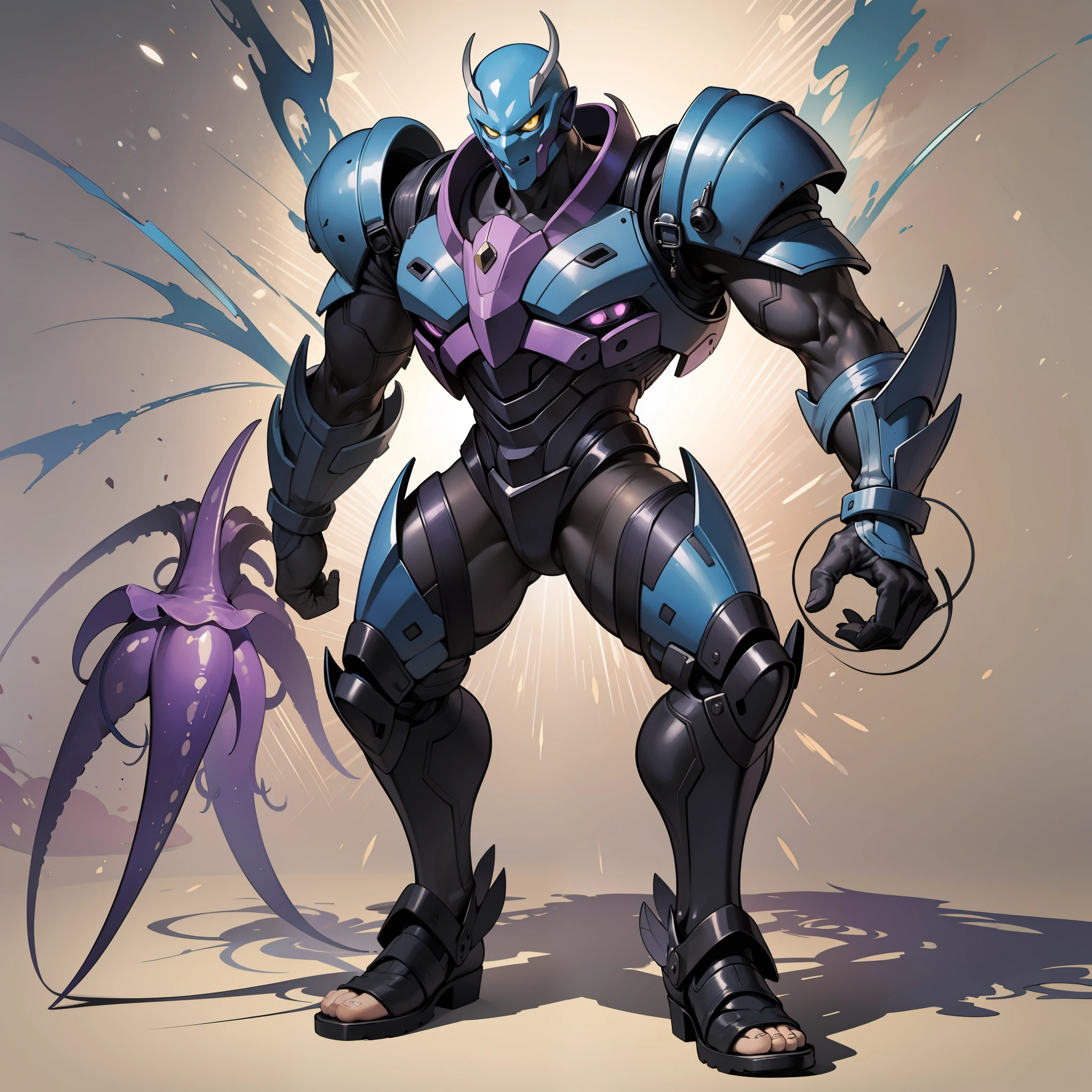 Unusually developed muscular body of black and purple, cartoon alien with tentacle body from arms, beetle shell, cel shade, guyver style, full body, full face mask