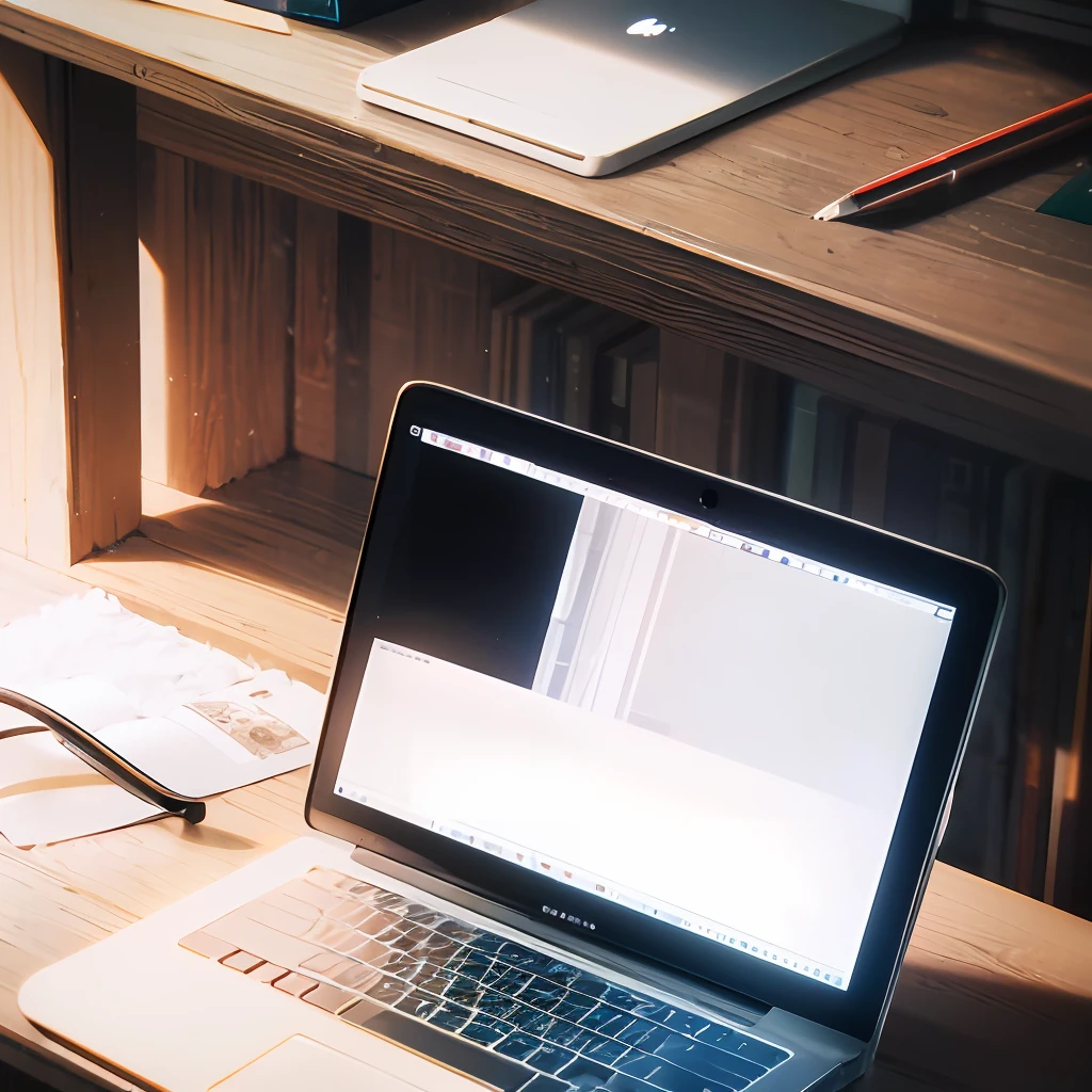 Product photograph of an open and bright desk scene with white space on the left and right sides with laptop, books and pens on top. The sun shines from the left and the whole scene is enveloped by a soft bright golden color. The white top is left blank on both sides. In the middle of the white table top is a headset and a white rose. It uses natural and realistic photography, focusing on the product, clean, simple and empty, 8k.