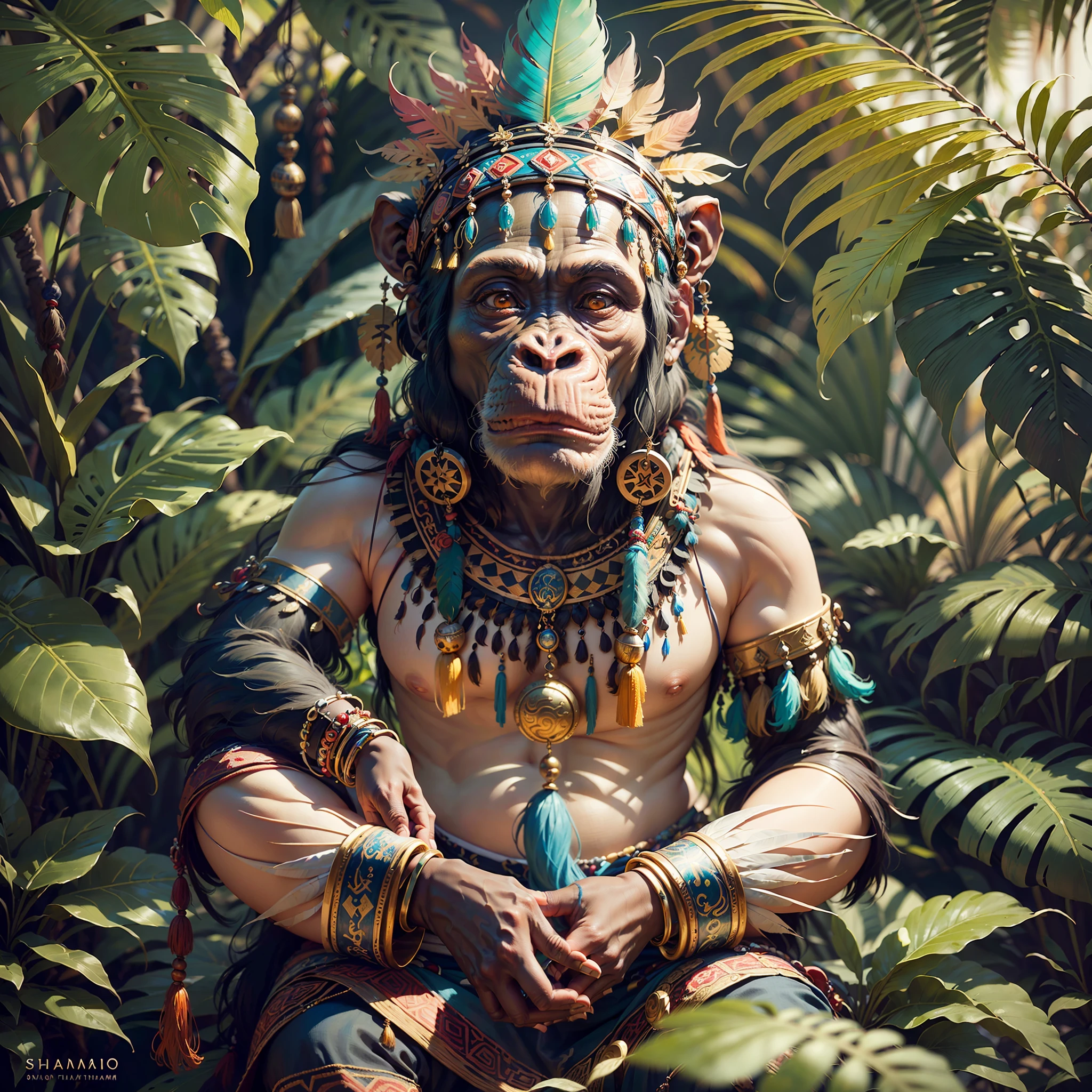 Chimpanzee with headdress ((Shaman)),,((meditating),,Shaman, elegant chimpanzee, hair with details, with Indian headdress on head, ((meditating)) many colorful feathers, colorful feathers, facing the camera, detail: dense tropical foliage, highly detailed intricate, ((masterpiece)), ultra hyperrealistic, masterpiece